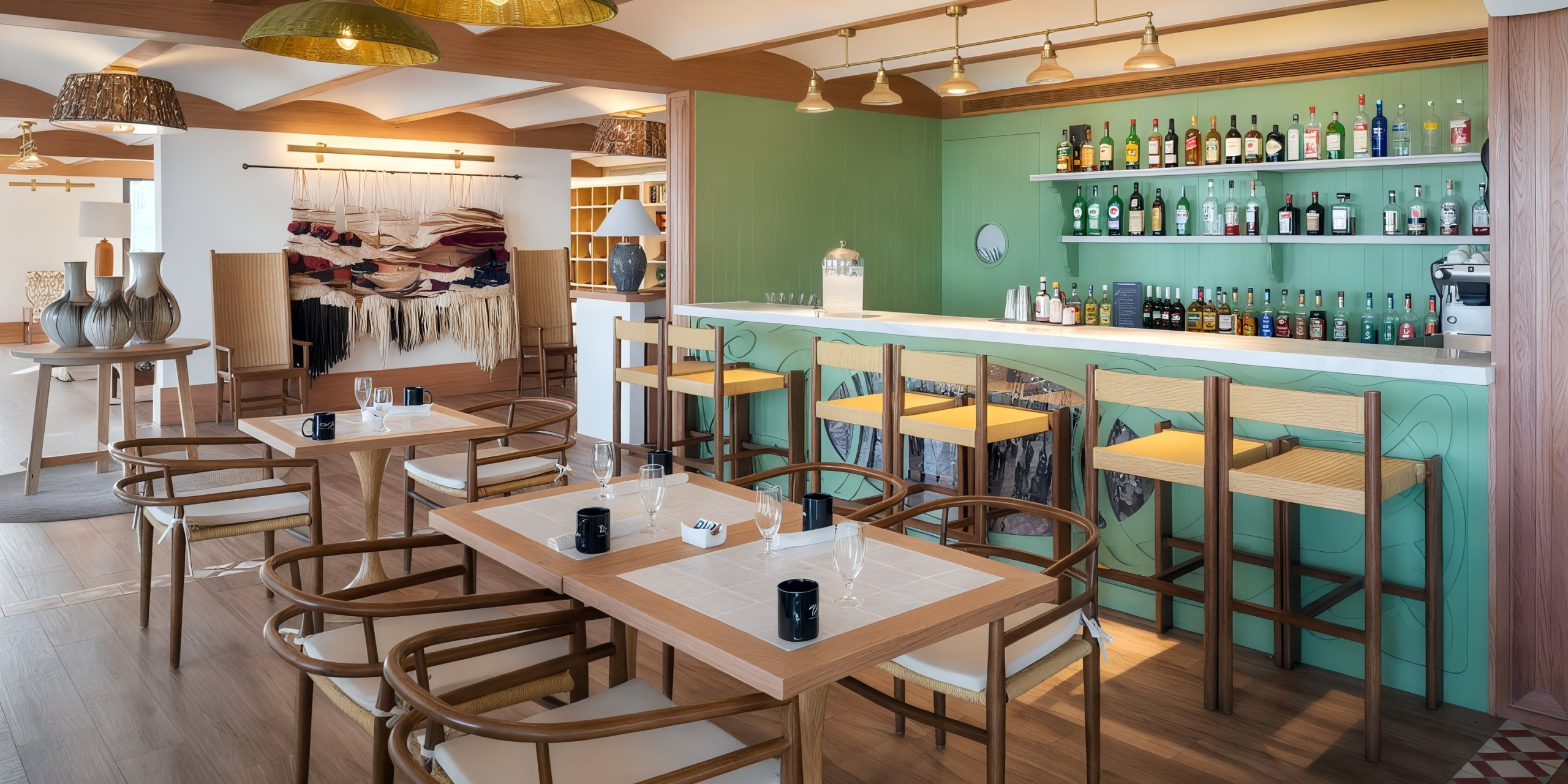 The Ocean Eden Bay features a contemporary cafe interior with wooden tables and chairs, a bar counter equipped with stools, and shelves filled with an array of bottles. The decor includes green accents and artistic wall hangings.