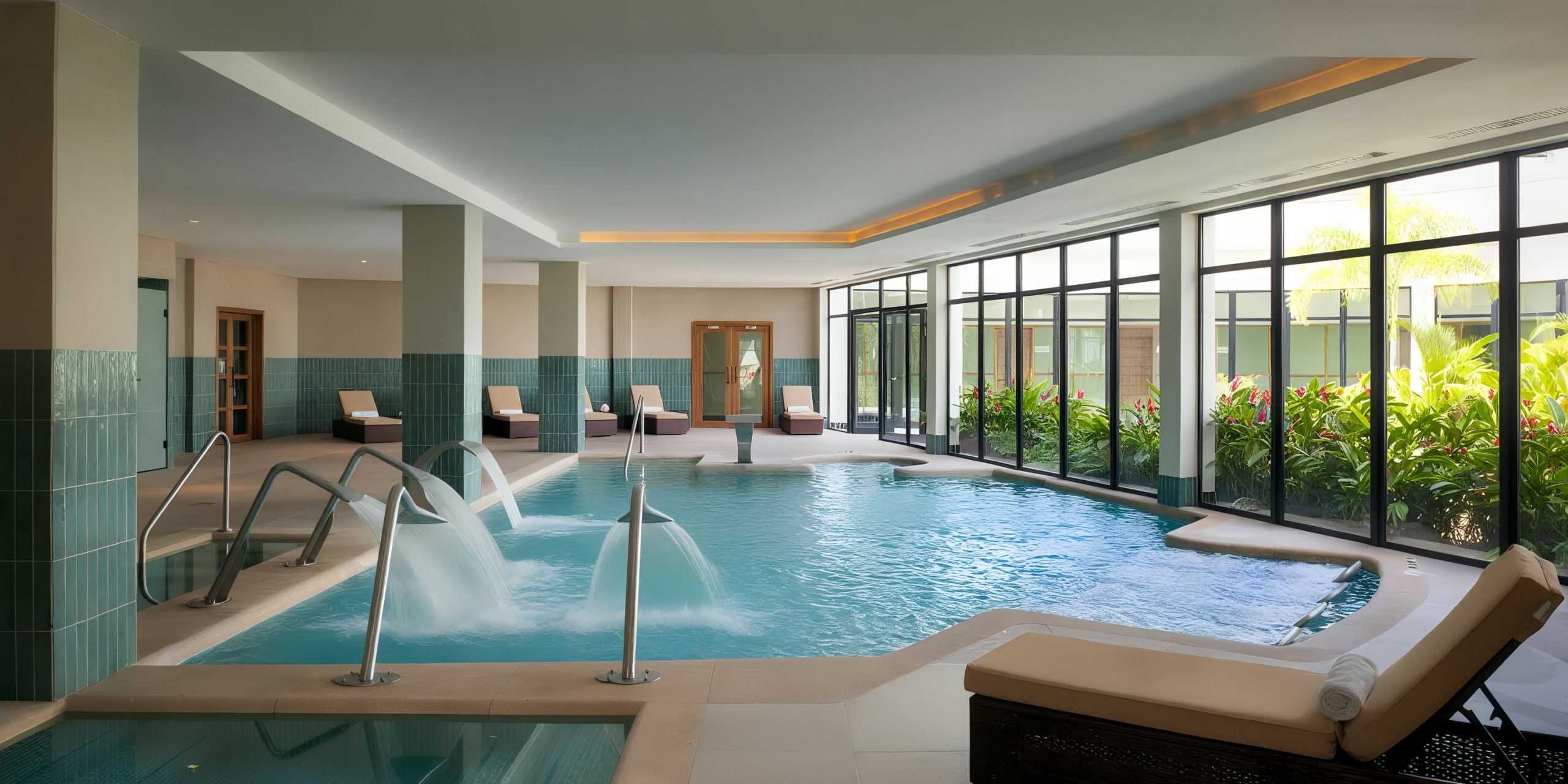 Ocean Eden Bay features an indoor pool complete with water attractions, several lounge chairs, and large windows that offer a serene garden view.