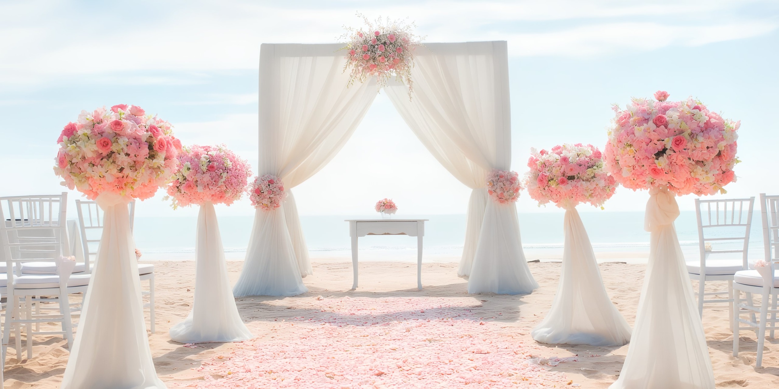 Princess Grand Jamaica beach wedding setup featuring a floral arch, elegant white curtains, and beautiful pink flower arrangements adorning an aisle sprinkled with rose petals. Sophisticated white chairs are placed on both sides of the aisle.