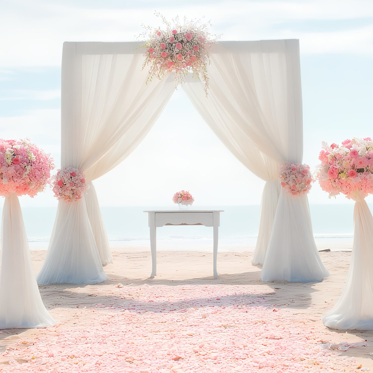 A beach wedding altar with white curtains, pink floral arrangements, and a small table under a clear sky. Pink petals line the sandy aisle.