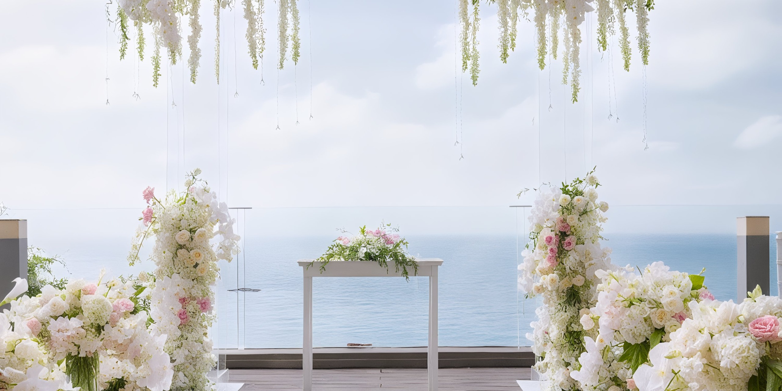 The Princess Grand Jamaica features an outdoor wedding altar adorned with white and pink flowers, offering a breathtaking view of the ocean beneath a clear blue sky.