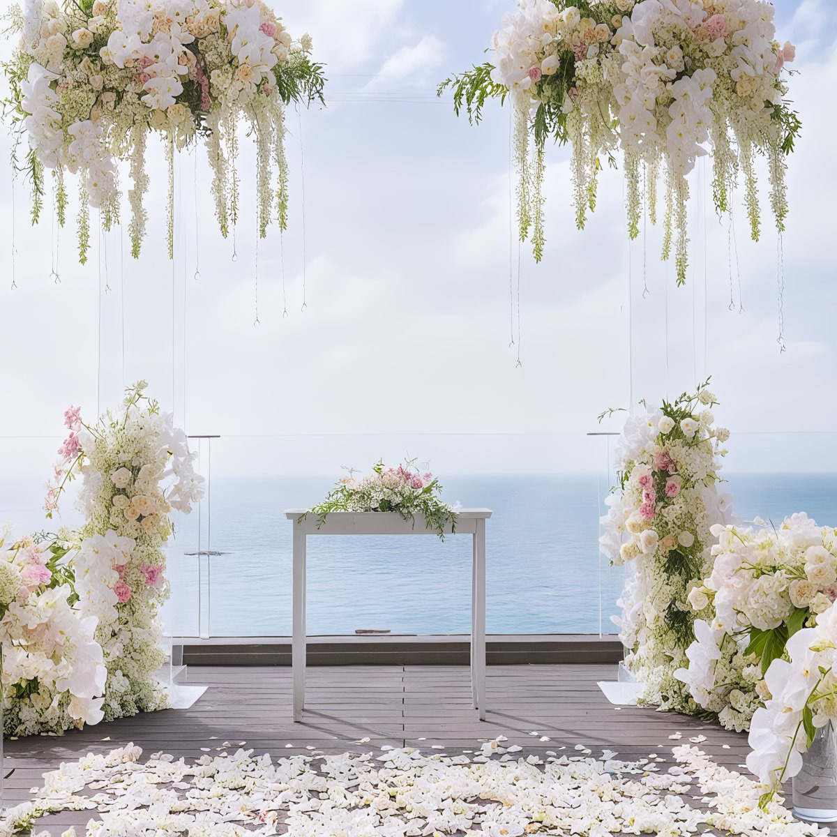 Elegant outdoor wedding altar with white and pink floral arrangements, set on a wooden deck overlooking the ocean.