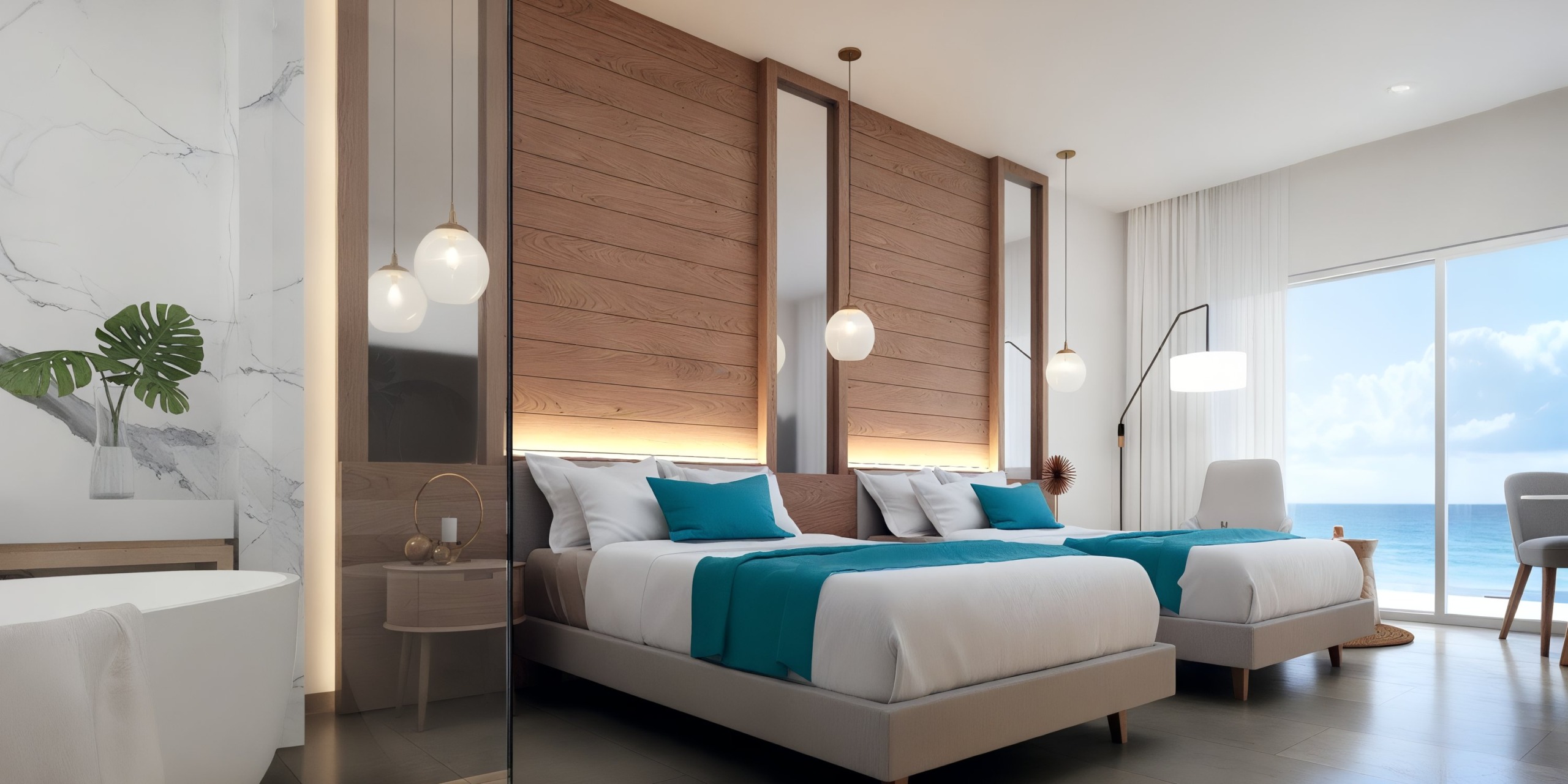 The Princess Grand Jamaica offers a modern hotel room featuring two queen beds, teal accents, wooden paneling, pendant lights, a floor lamp, and large windows with an ocean view.