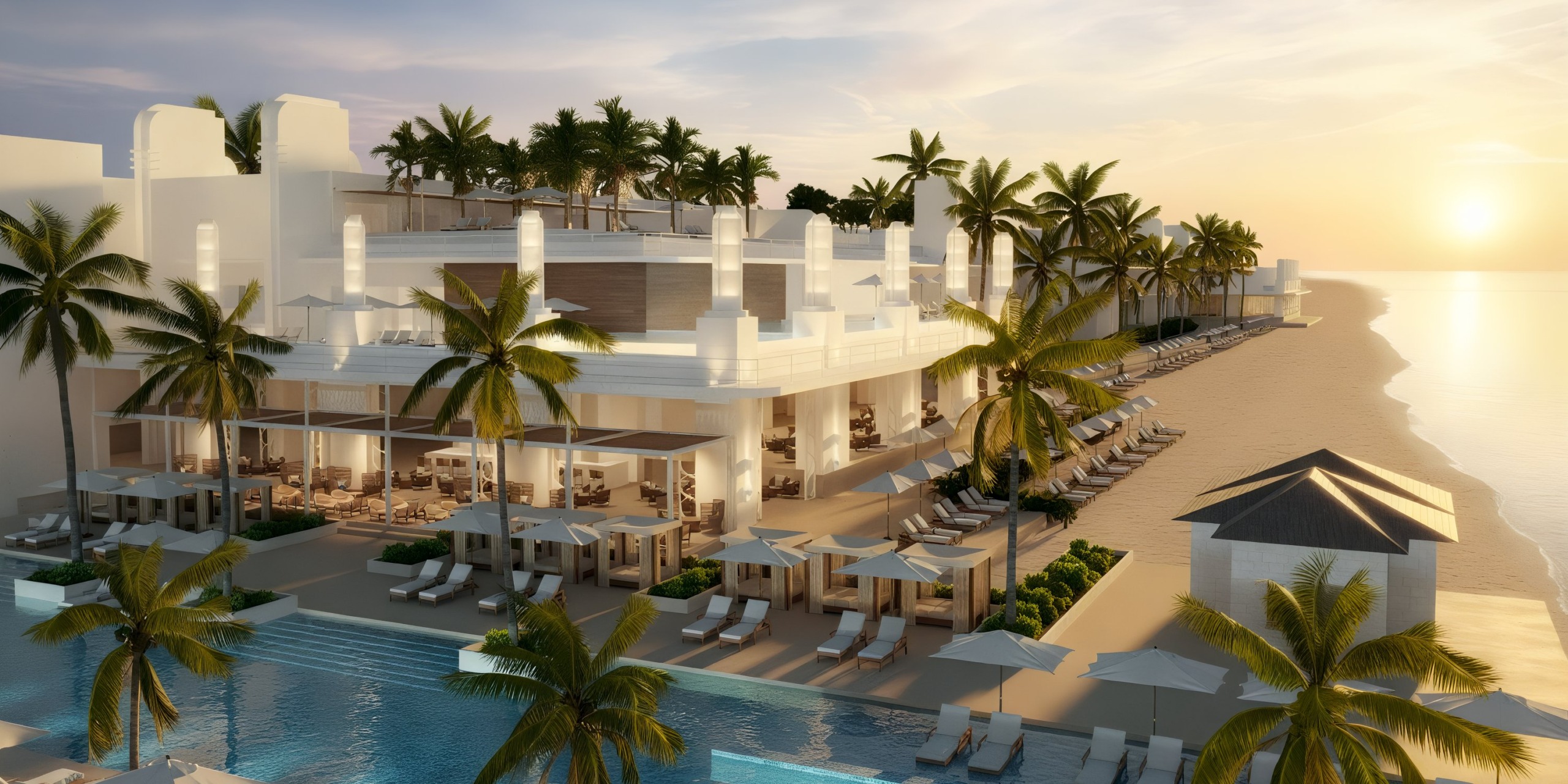 Princess Grand Jamaica is a beachfront resort featuring palm trees, a pool, sun loungers, and cabanas, all set along a sandy beach during sunset.