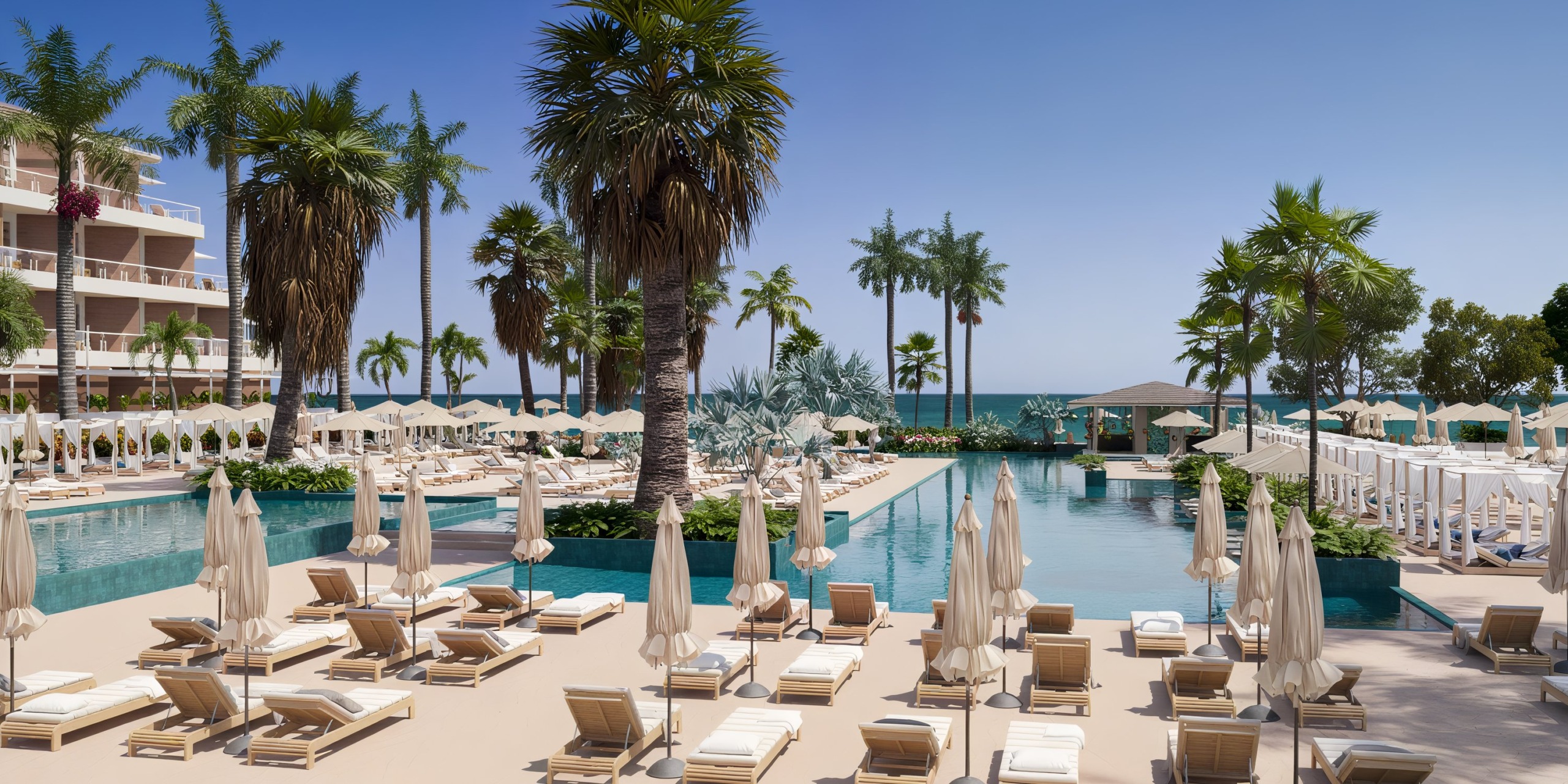 Experience the luxurious poolside area at Princess Grand Jamaica, complete with sun loungers, umbrellas, palm trees, and a stunning ocean view under a clear blue sky.
