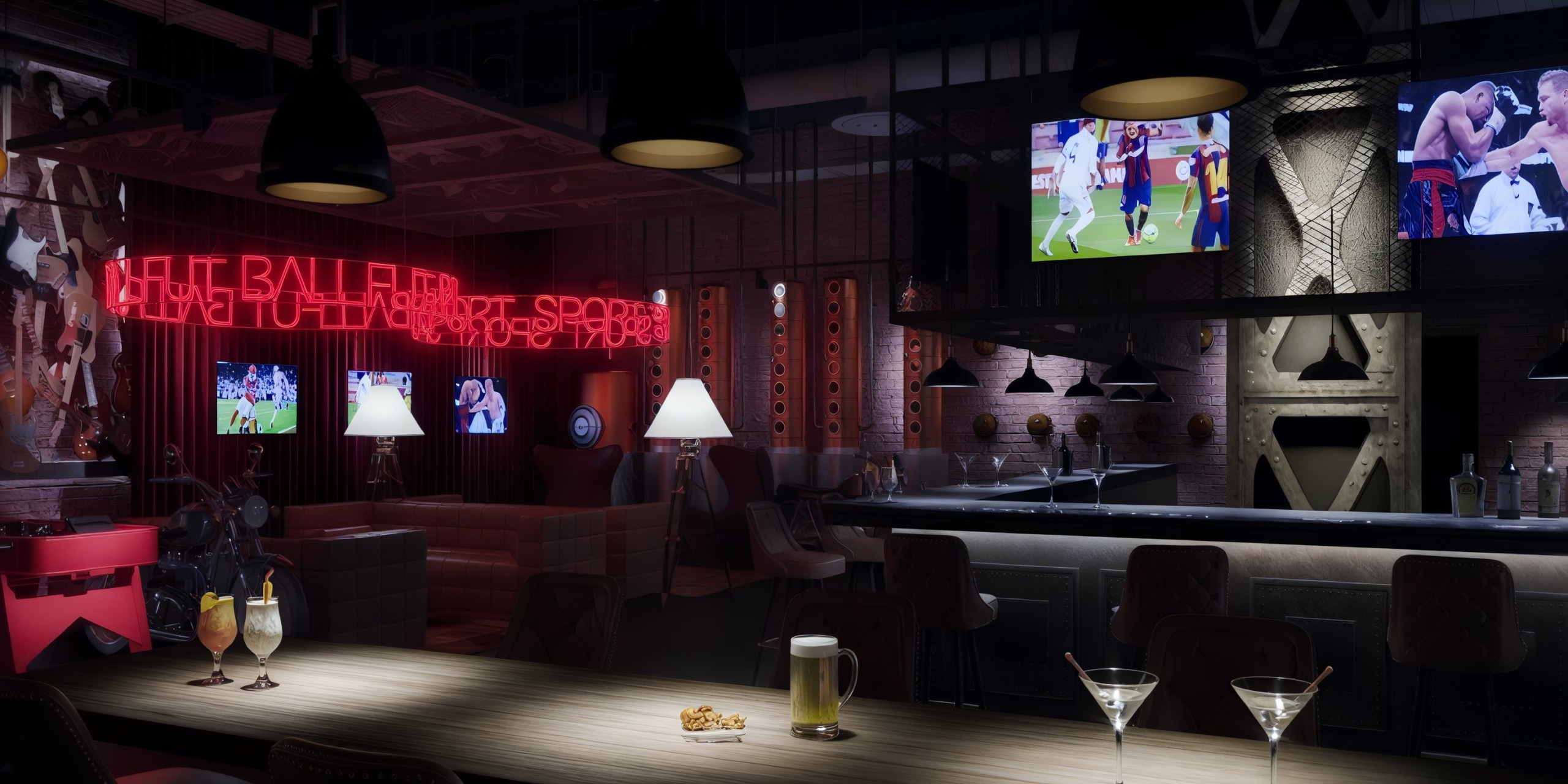 The Princess Grand Jamaica offers a dimly lit sports bar ambiance, complete with vibrant neon signs, multiple TVs displaying live sports, a lively pool table scene, and a fully stocked bar counter featuring an array of drinks and snacks.