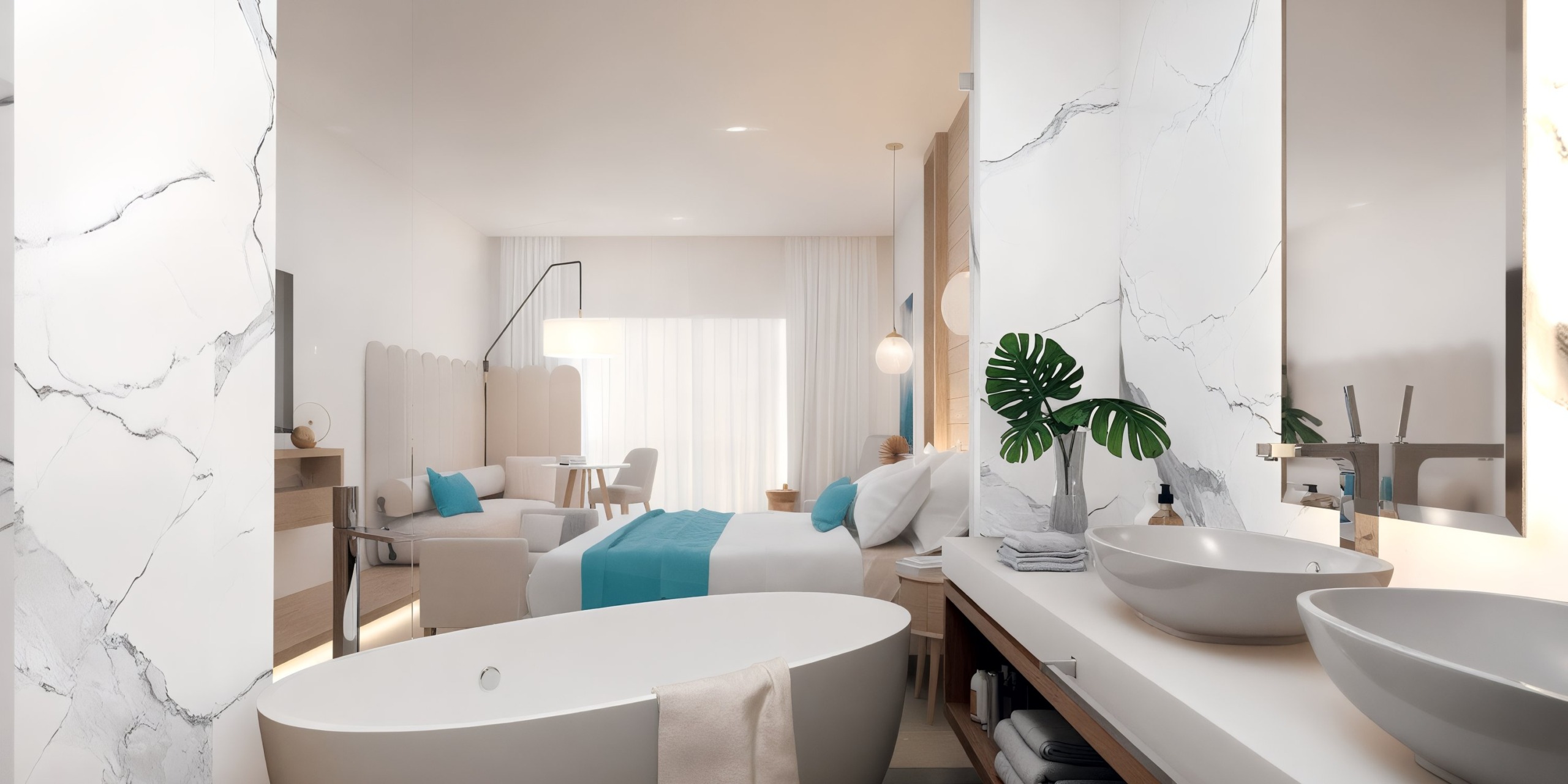 A contemporary room at Princess Grand Jamaica featuring a round bathtub, bed, seating area, and desk. It includes marble accents, light wood furnishings, and teal highlights. A large window with sheer curtains completes the background ambiance.