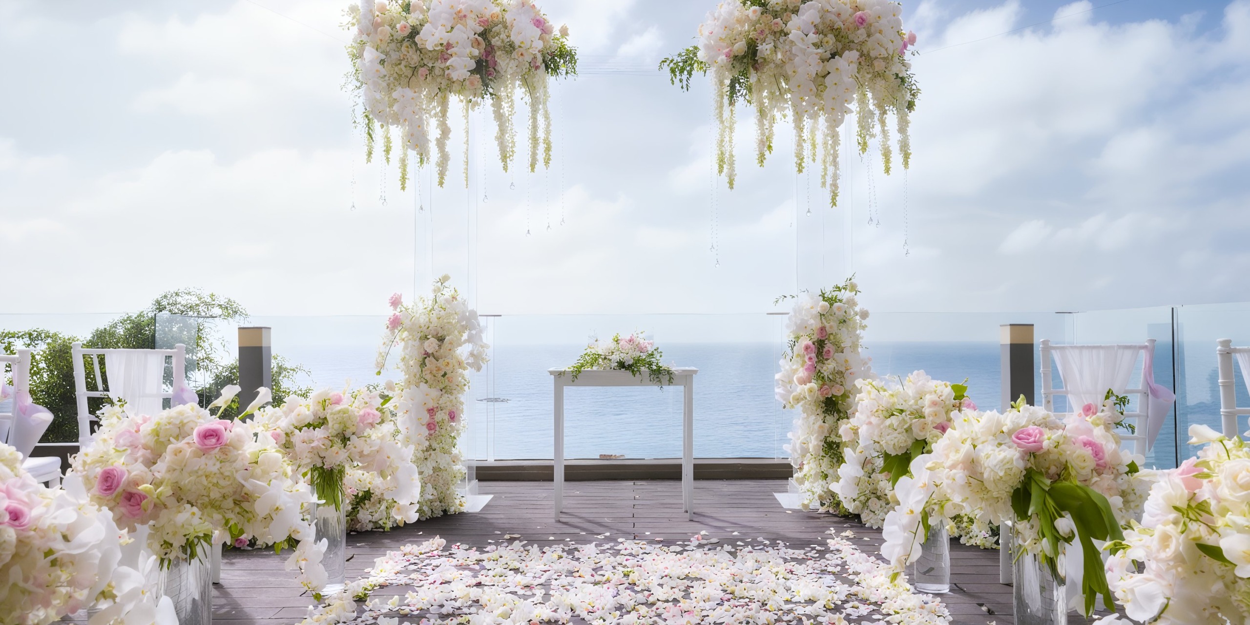 Princess Grand Jamaica offers a stunning outdoor wedding ceremony setup featuring elegant floral arrangements in pink and white, all with a breathtaking ocean view. The aisle is beautifully adorned with petals, flanked by chairs on either side.