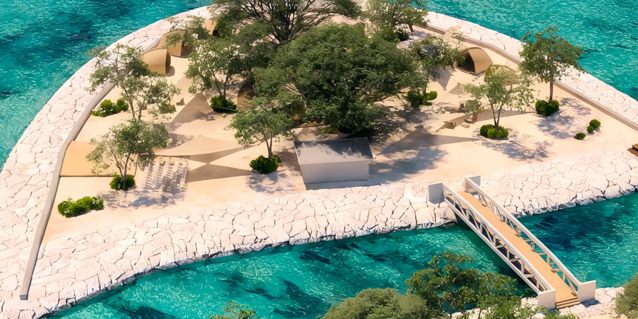 Princess Grand Jamaica is a charming artificial island featuring lush trees, scenic walkways, and a picturesque bridge, all enveloped by stunning turquoise waters.