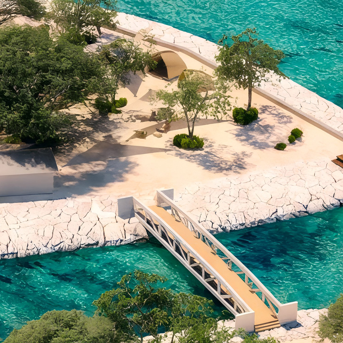 A small island with trees, a curved structure, and a bench is connected to the shore by a modern bridge over turquoise water.