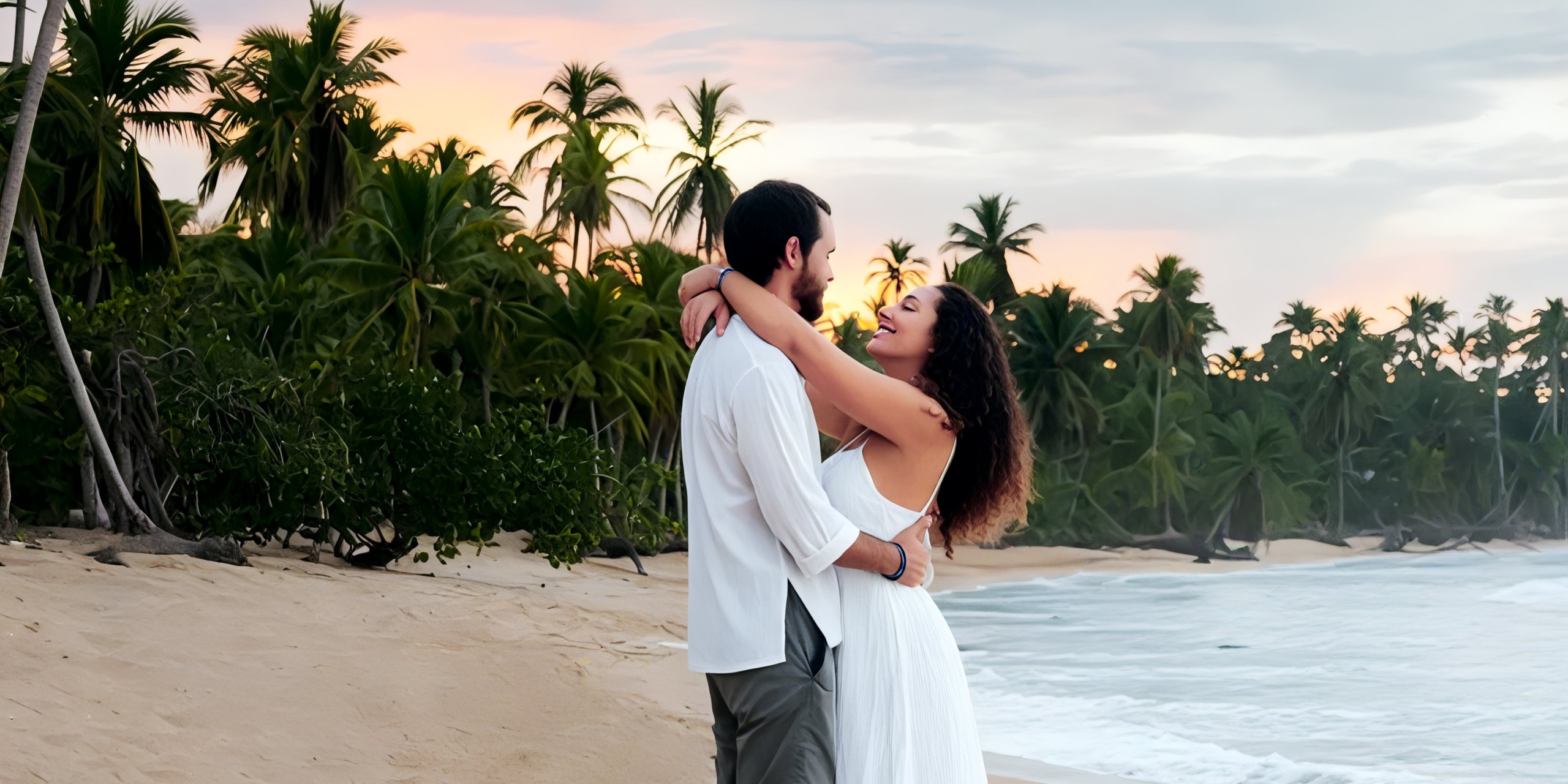 A couple embraces on the sandy shores of Viva V Samana by Wyndham at sunset, surrounded by swaying palm trees and the gentle sound of waves in the background.
