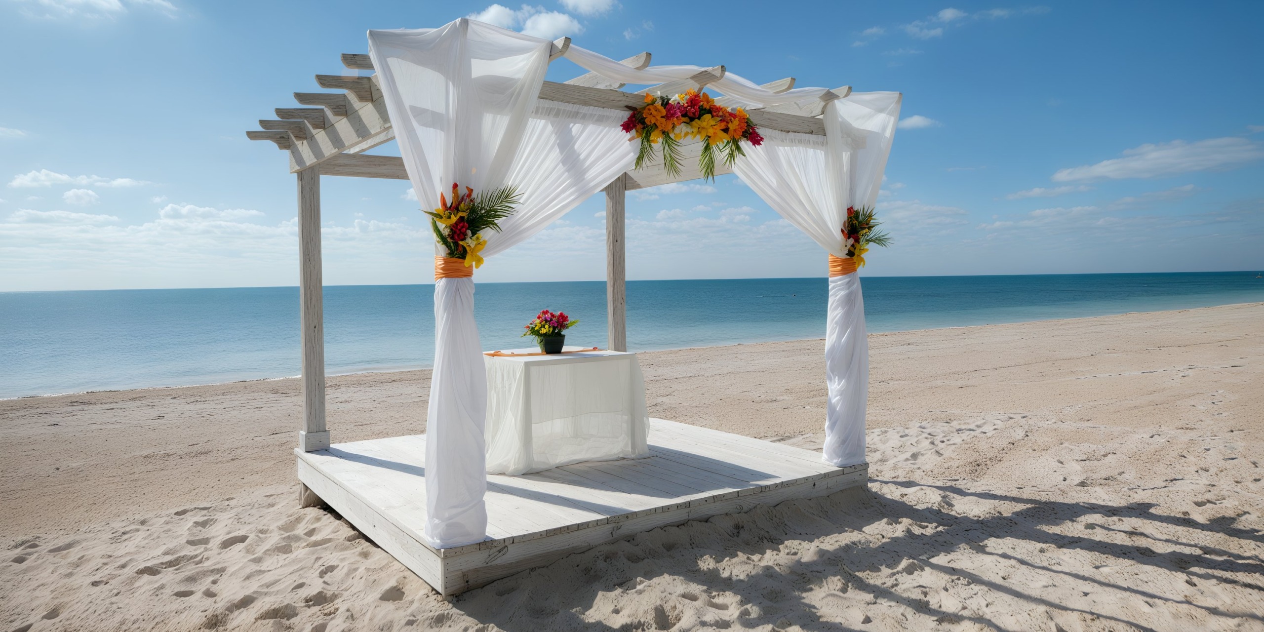 A beachside wedding arch at Viva V Samana by Wyndham, adorned with white drapes and colorful floral arrangements, set on sandy shores under a clear blue sky.