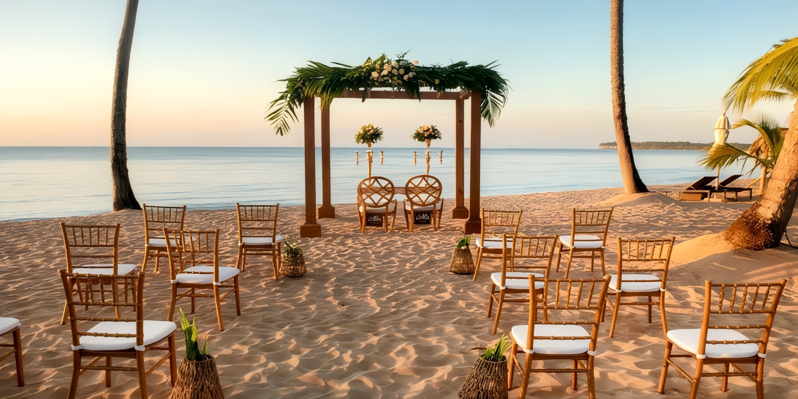 Experience a romantic beach wedding at Viva V Samana by Wyndham, featuring wooden chairs, a stunning floral arch surrounded by palm trees, with the breathtaking ocean in the background under a clear sky.