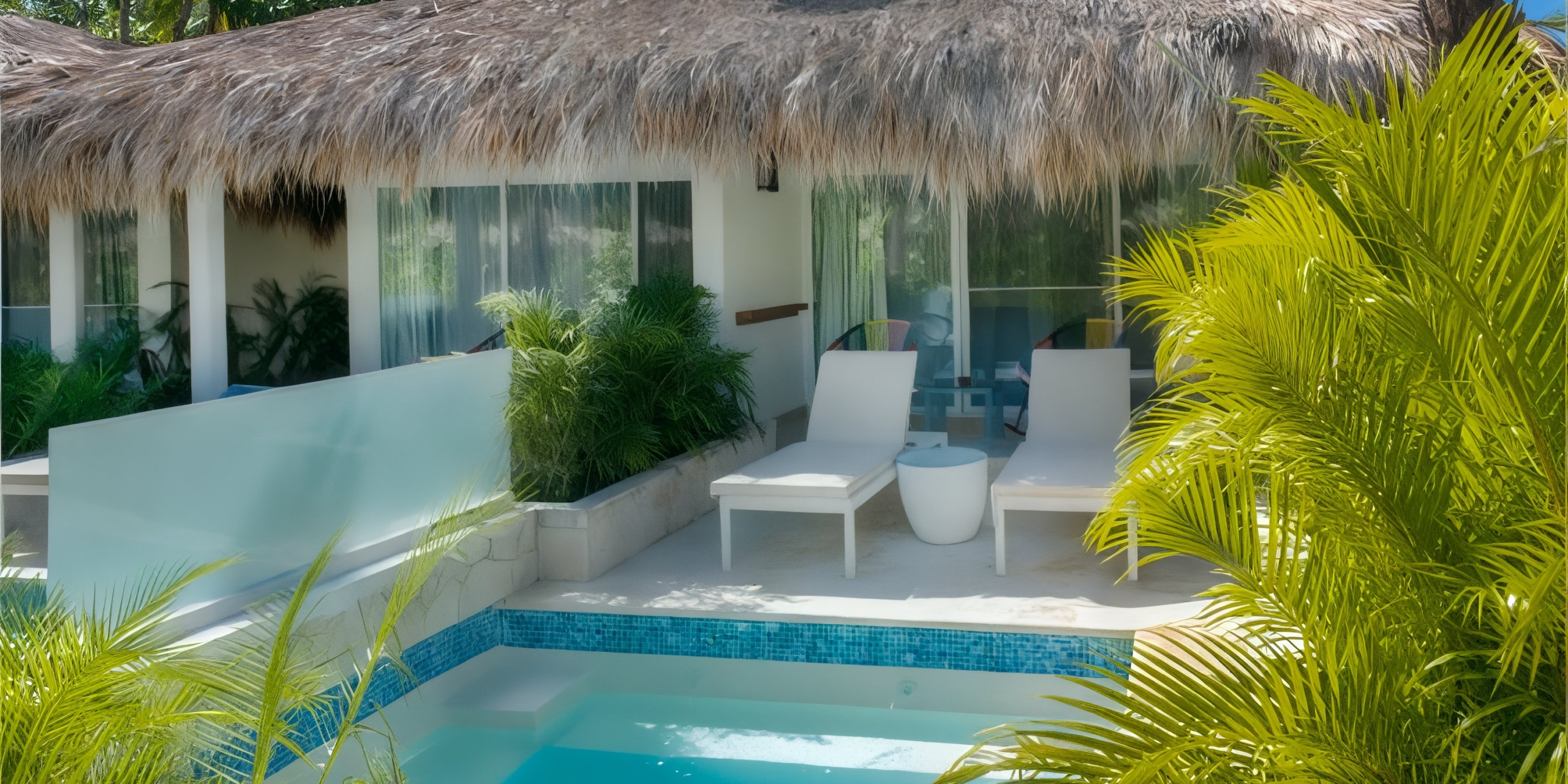 Experience the tranquil ambiance at Viva V Samana by Wyndham, where two lounge chairs are set beside a petite swimming pool, nestled amidst lush greenery with a charming thatched-roof building in the background.