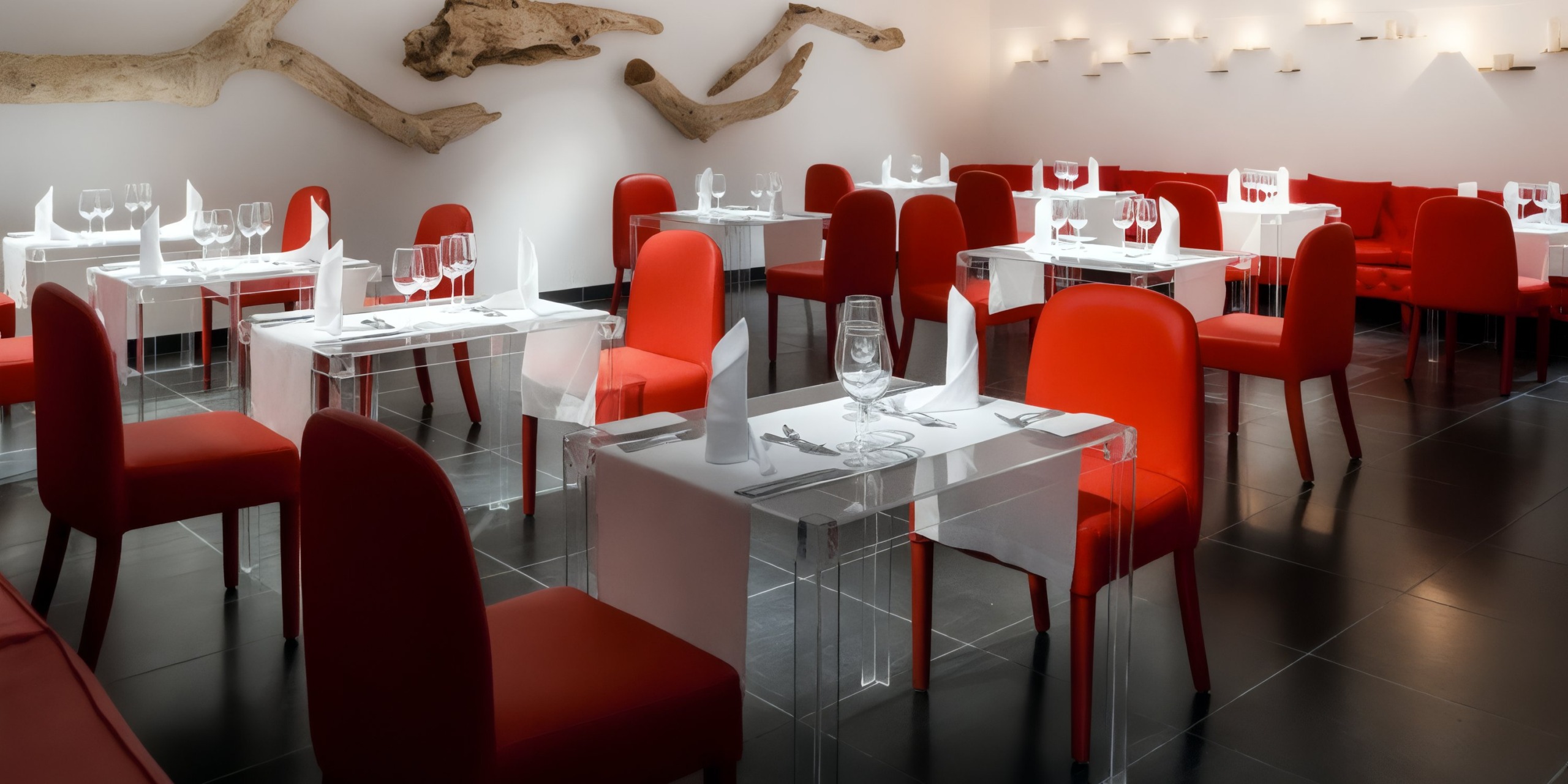 Experience the contemporary interior of Viva V Samana by Wyndham, featuring vibrant red chairs, sleek clear tables, and abstract wooden decor set against pristine white walls.