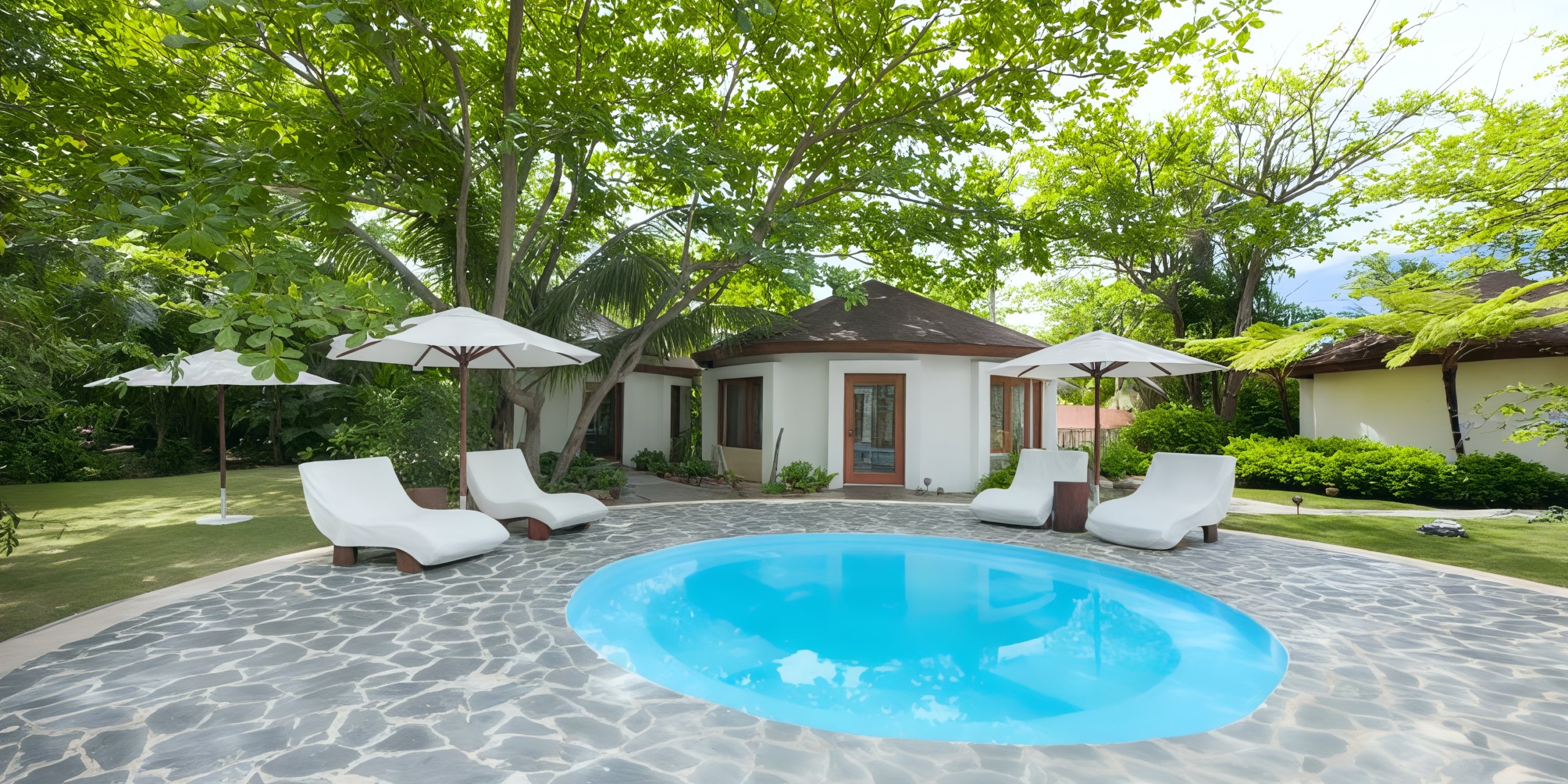 A small round pool at Viva V Samana by Wyndham is surrounded by stone tiles and lounge chairs with umbrellas, while two round buildings and lush green trees create a picturesque backdrop on a sunny day.