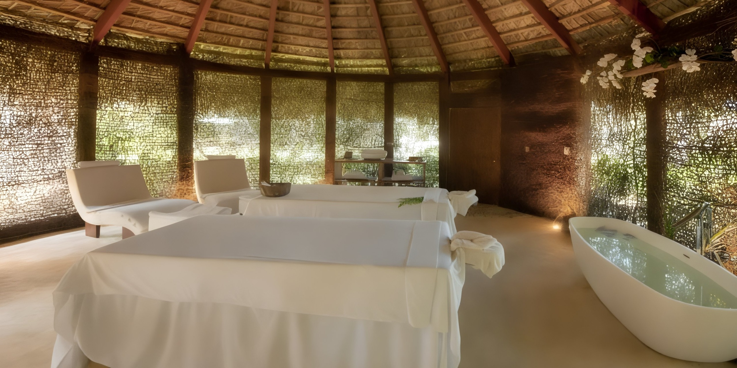 Discover tranquility in the Viva V Samana by Wyndham, featuring an inviting spa room with a pair of massage tables, comfortable lounge chairs, a freestanding bathtub, and gentle natural light diffusing through intricately woven walls.