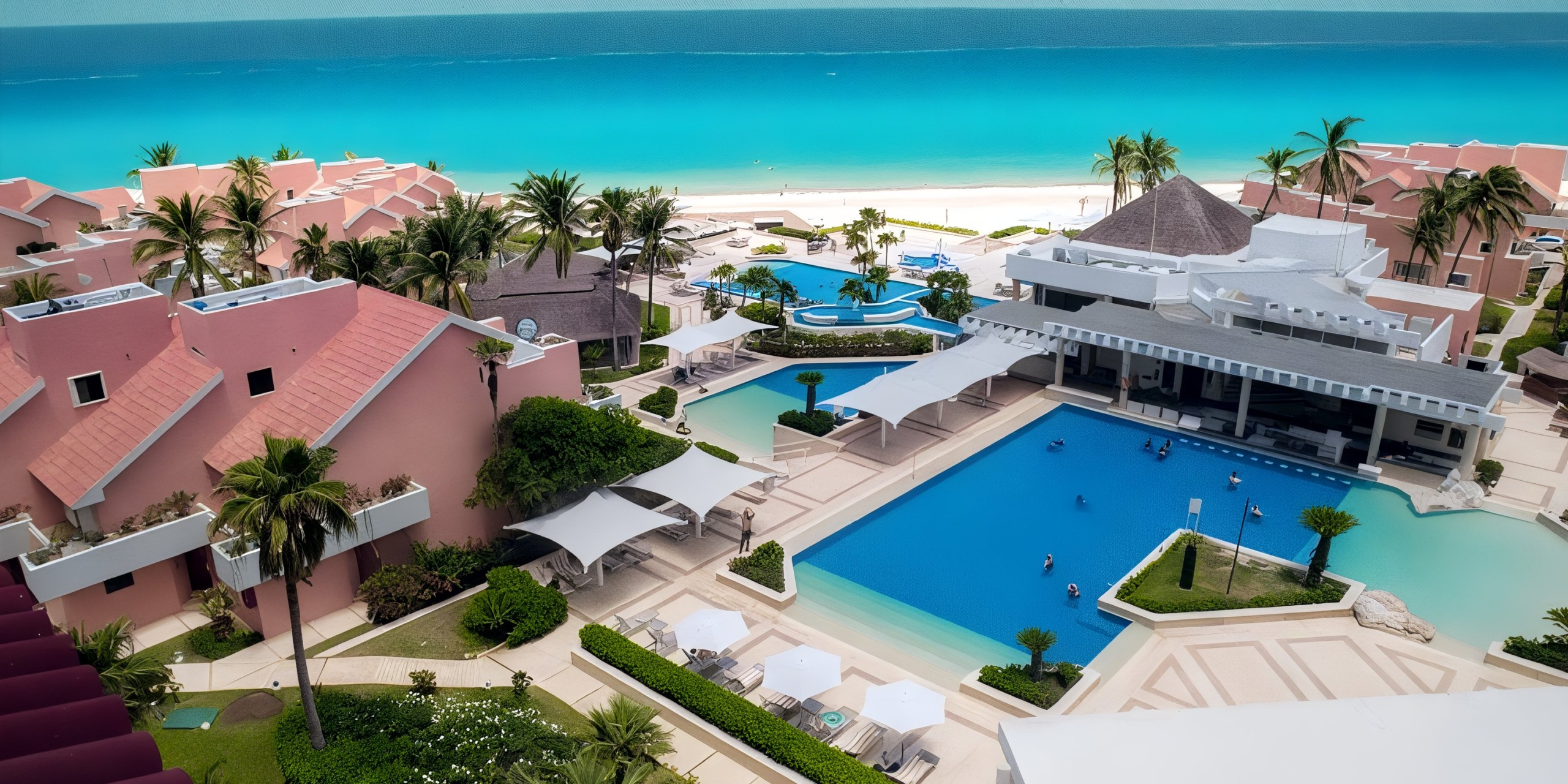 Aerial view of the Wyndham Grand Cancun, featuring pink buildings with multiple swimming pools and palm trees, overlooking a white sandy beach and turquoise ocean.