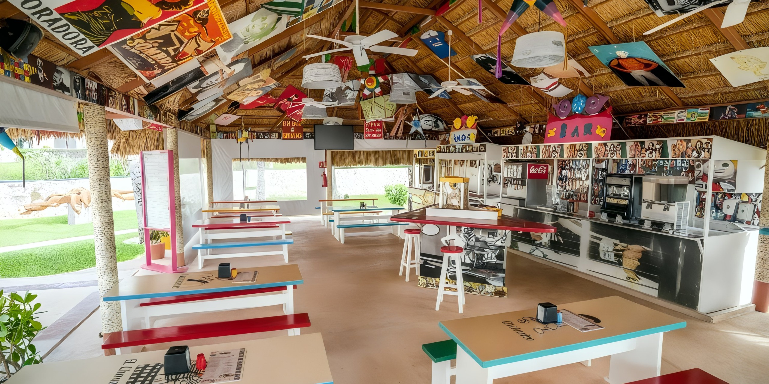 Wyndham Grand Cancun is a vibrant, retro-themed venue featuring red, white, and blue tables, a thatched roof, neon lights, and walls adorned with vintage posters. The space also includes a beverage and condiment station.