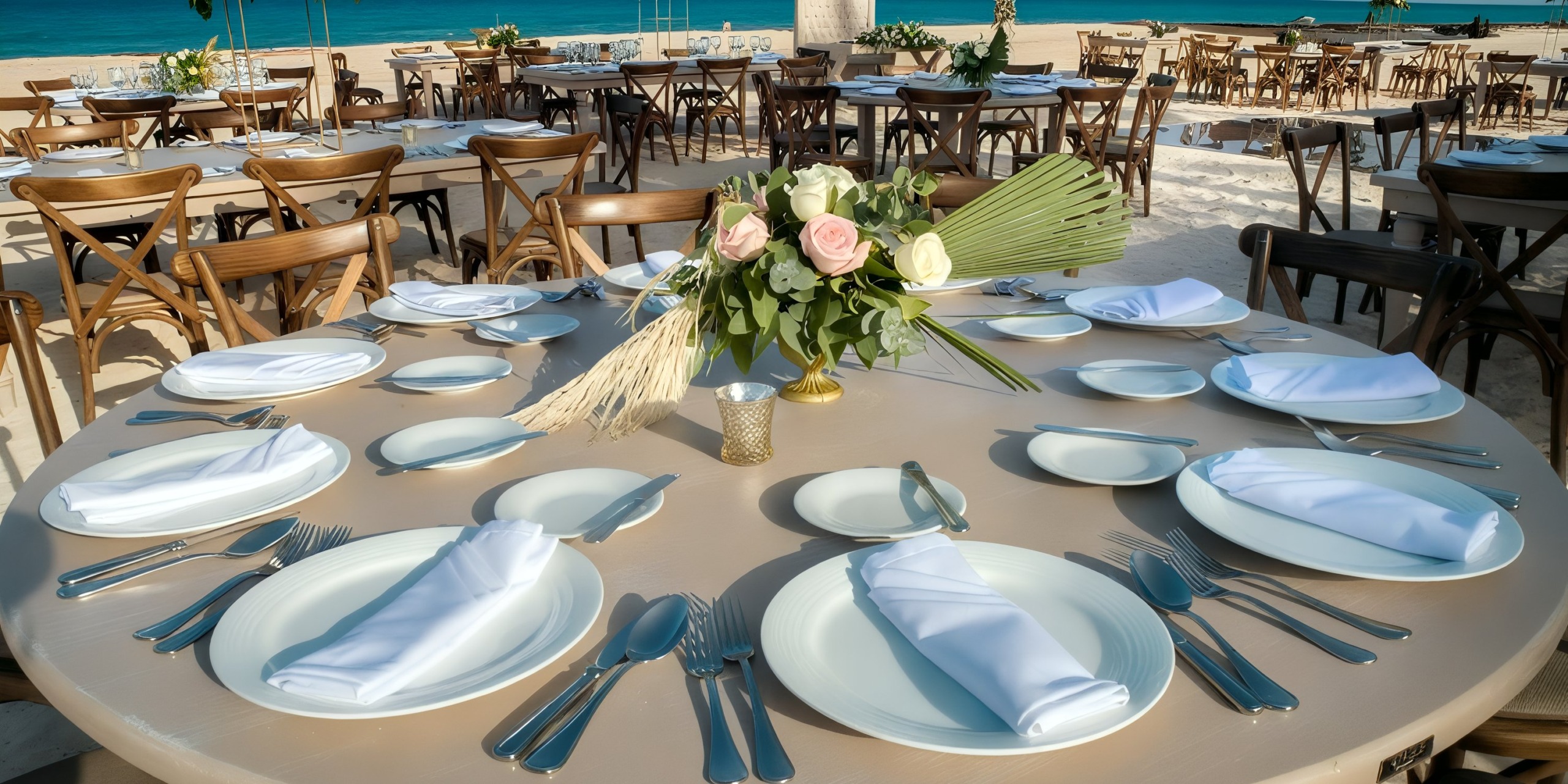 At the Wyndham Grand Cancun, a beachside table is elegantly adorned with white plates, napkins, and silverware. The table features a floral centerpiece consisting of pink and white roses. In the background, additional tables and chairs are arranged.