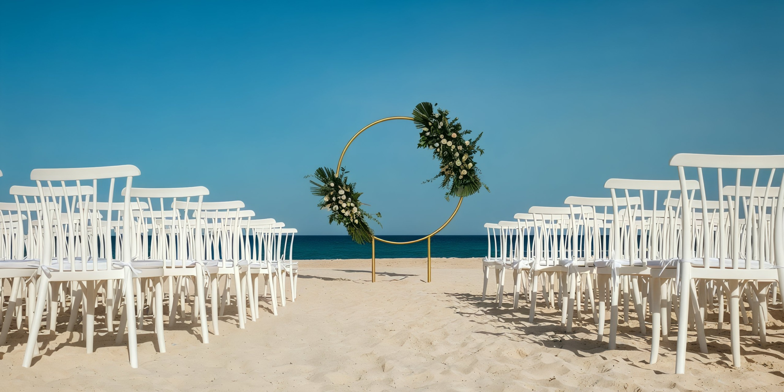 Experience a stunning beach wedding setup at the Wyndham Grand Cancun, featuring elegant white chairs arranged to face a breathtaking circular floral arch by the ocean.