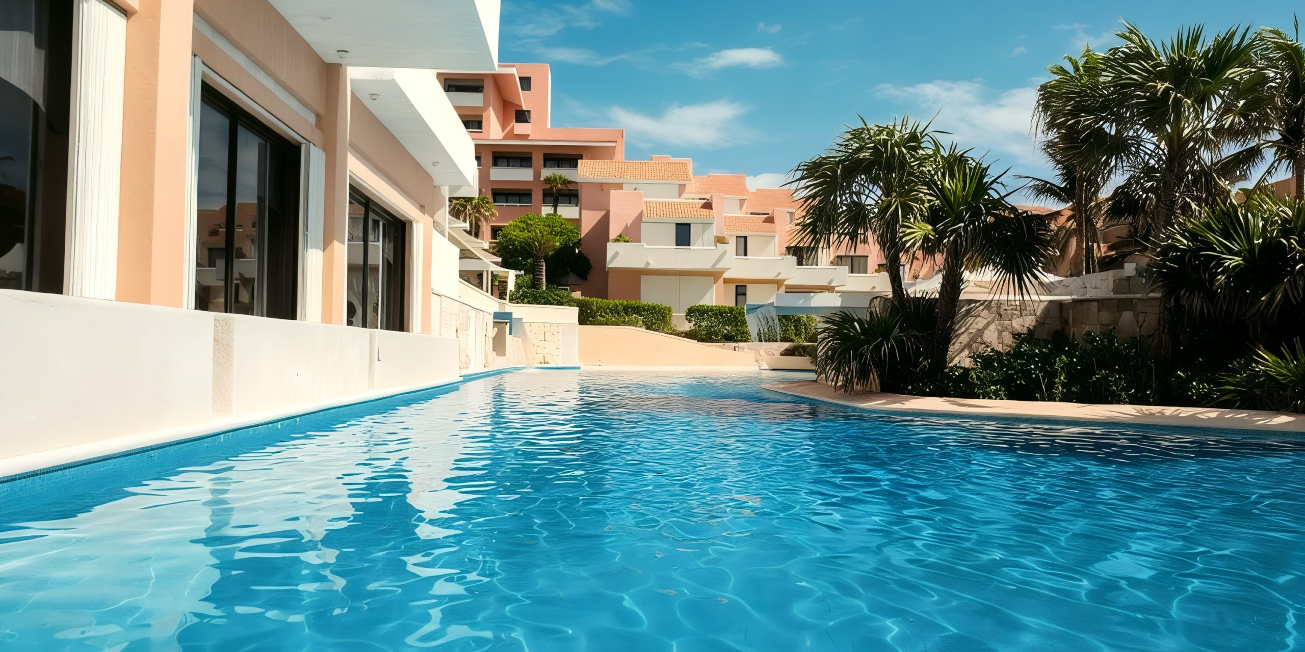 Wyndham Grand Cancun with an outdoor swimming pool surrounded by modern buildings, palm trees, and a blue sky in the background.