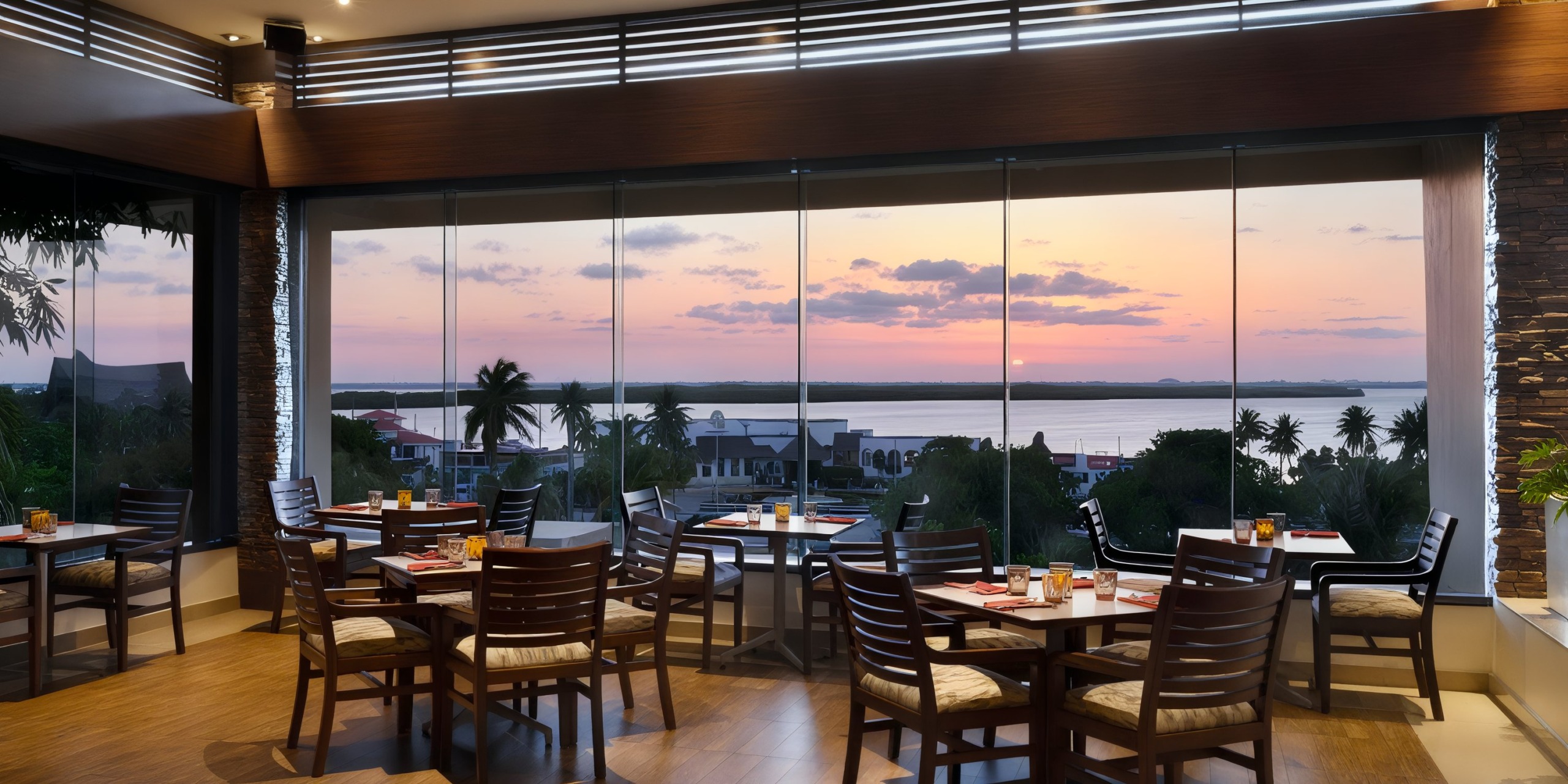 Wyndham Grand Cancun features wooden tables and chairs, offering a stunning view through large windows of the ocean sunset, with palm trees silhouetted in the foreground.