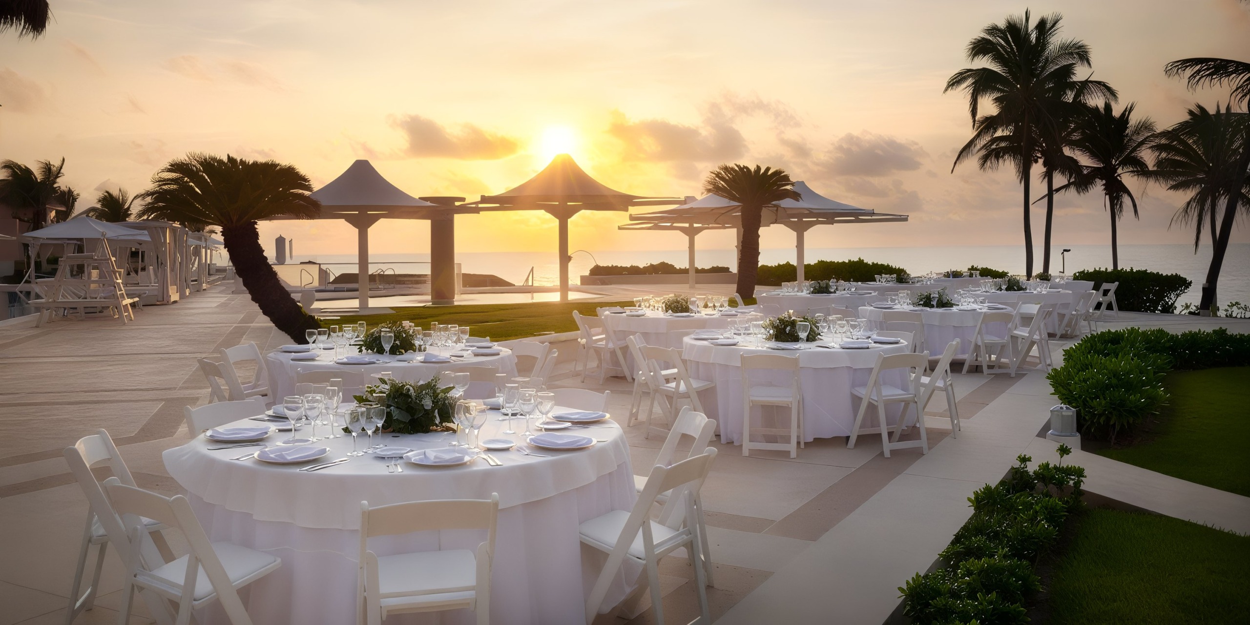 Wyndham Grand Cancun offers an enchanting outdoor wedding reception setup featuring round tables and white chairs elegantly arranged on a beachfront patio. As the sun sets over the ocean, with palm trees swaying gently and white canopies adding a touch of sophistication, it creates a breathtaking backdrop for your special day.