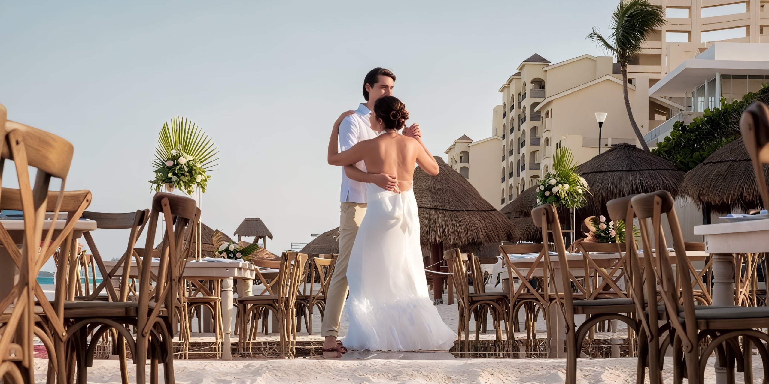 The bride and groom embrace on the sandy beach at Wyndham Grand Cancun, with resort buildings in the background, surrounded by wooden chairs and floral arrangements.