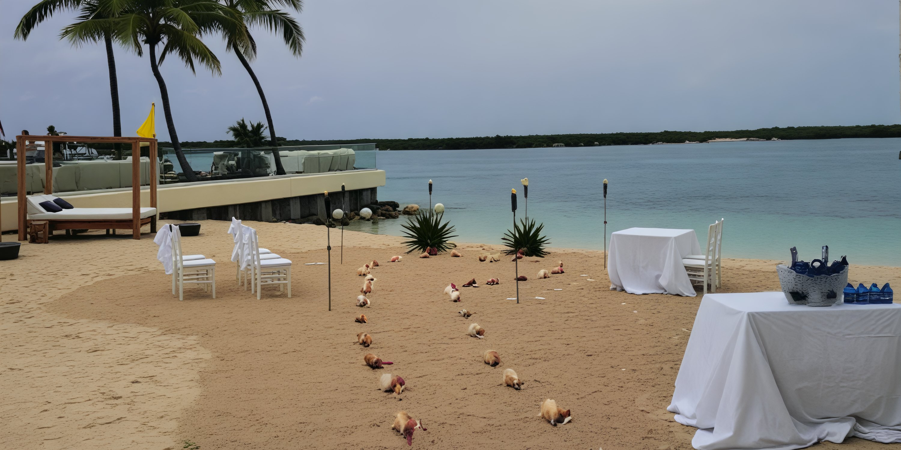 Wedding setup on the beachfront at Alexandra Resort, featuring white chairs and tables elegantly arranged to face the sea for a stunning destination wedding.