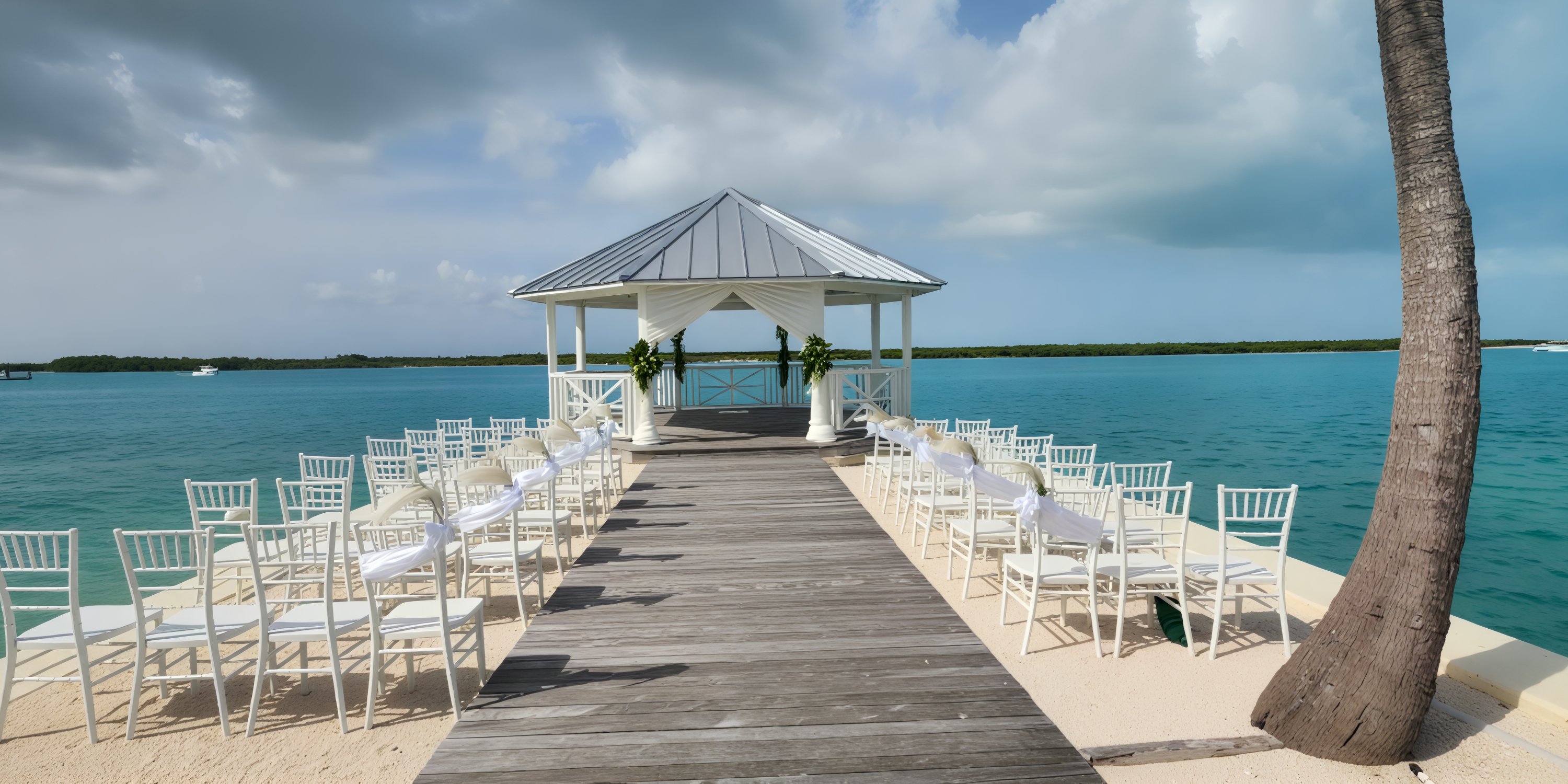 Beachfront pavilion at Alexandra Resort, adorned with white chairs and overlooking the clear blue ocean—an idyllic setting for your destination wedding.