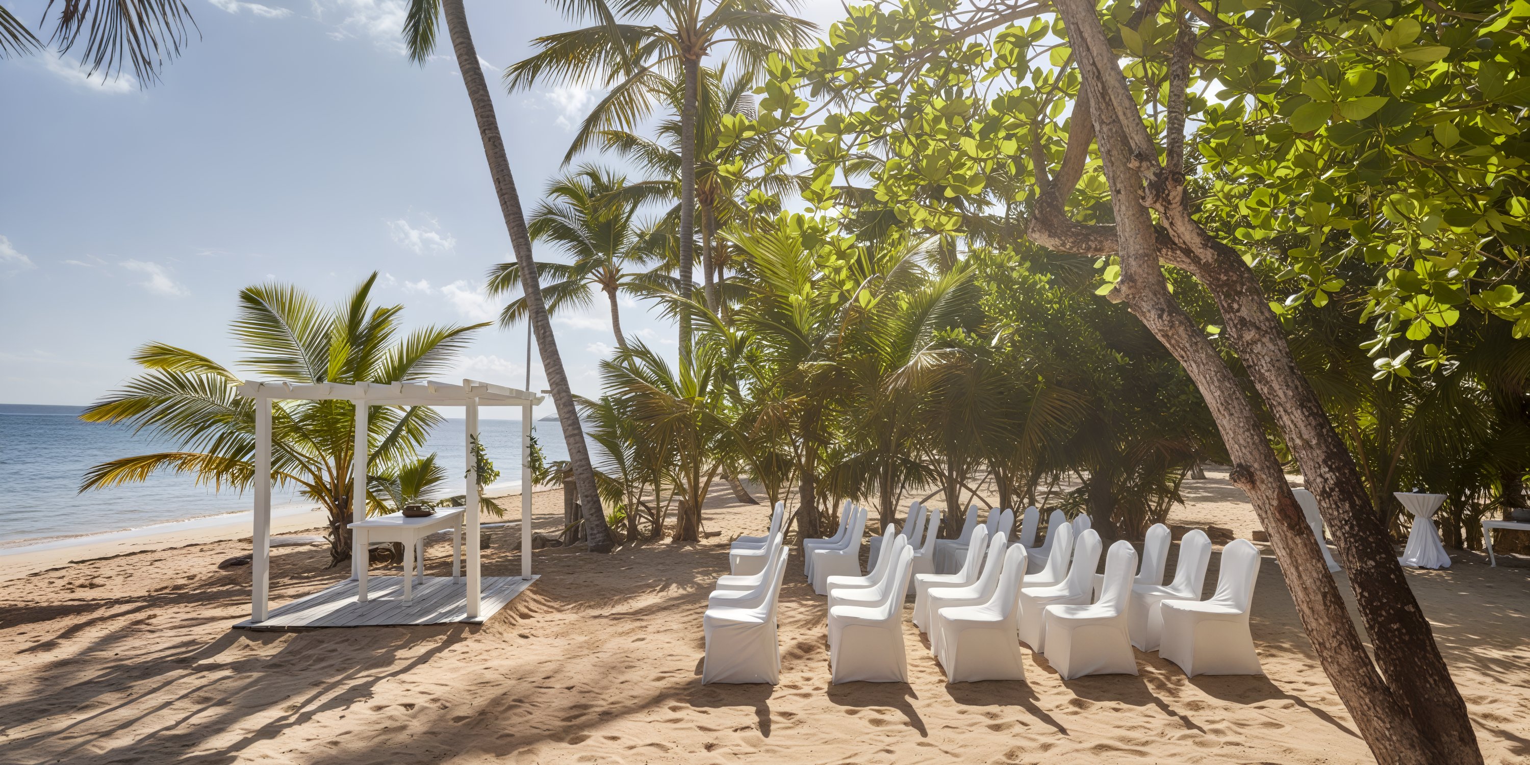 A destination wedding at Bahia Principe Grand Samana with a stunning white arbor, elegantly draped chairs, and the idyllic backdrop of swaying palm trees.
