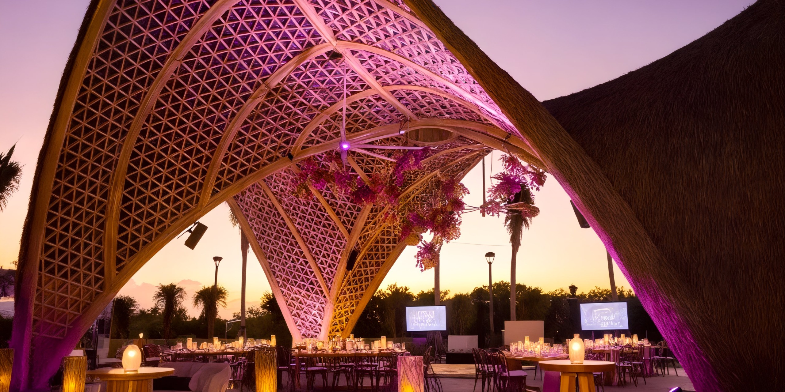 The Garza Blanca Cancun features an outdoor dining area with a geometric wooden roof, adorned with hanging flowers. Tables are elegantly set for an event, softly lit by warm lights against a picturesque sunset backdrop.