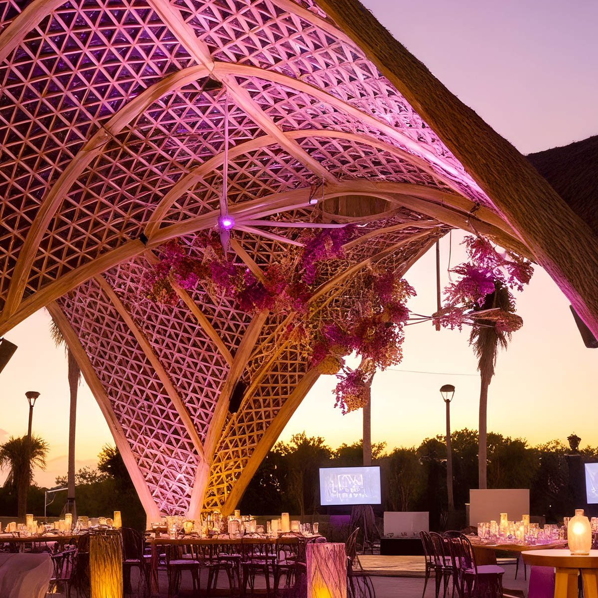 Event venue with a geometric wooden roof, pink lighting, hanging floral arrangements, and tables set for a gathering at sunset.
