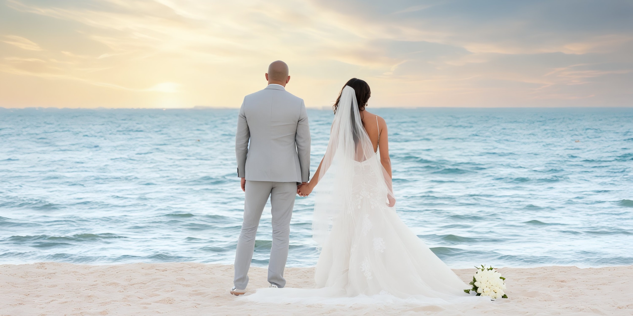 A bride and groom stand hand in hand on a sandy beach at Garza Blanca Cancun, facing the ocean at sunset. A bouquet rests beside them.