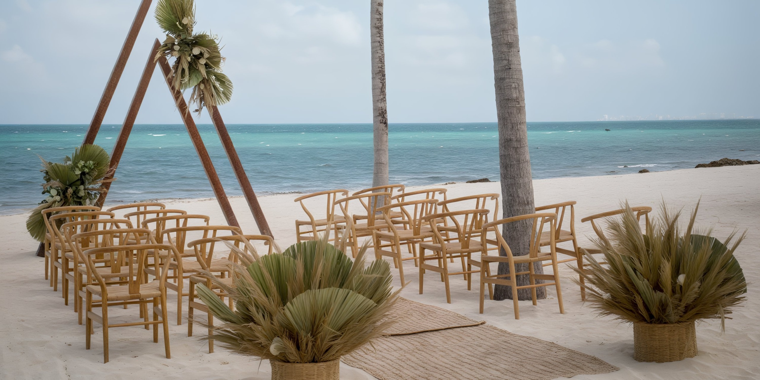 At Garza Blanca Cancun, the beach wedding setup features wooden chairs facing a triangular arch adorned with palm leaves, with stunning ocean and sky views in the background.