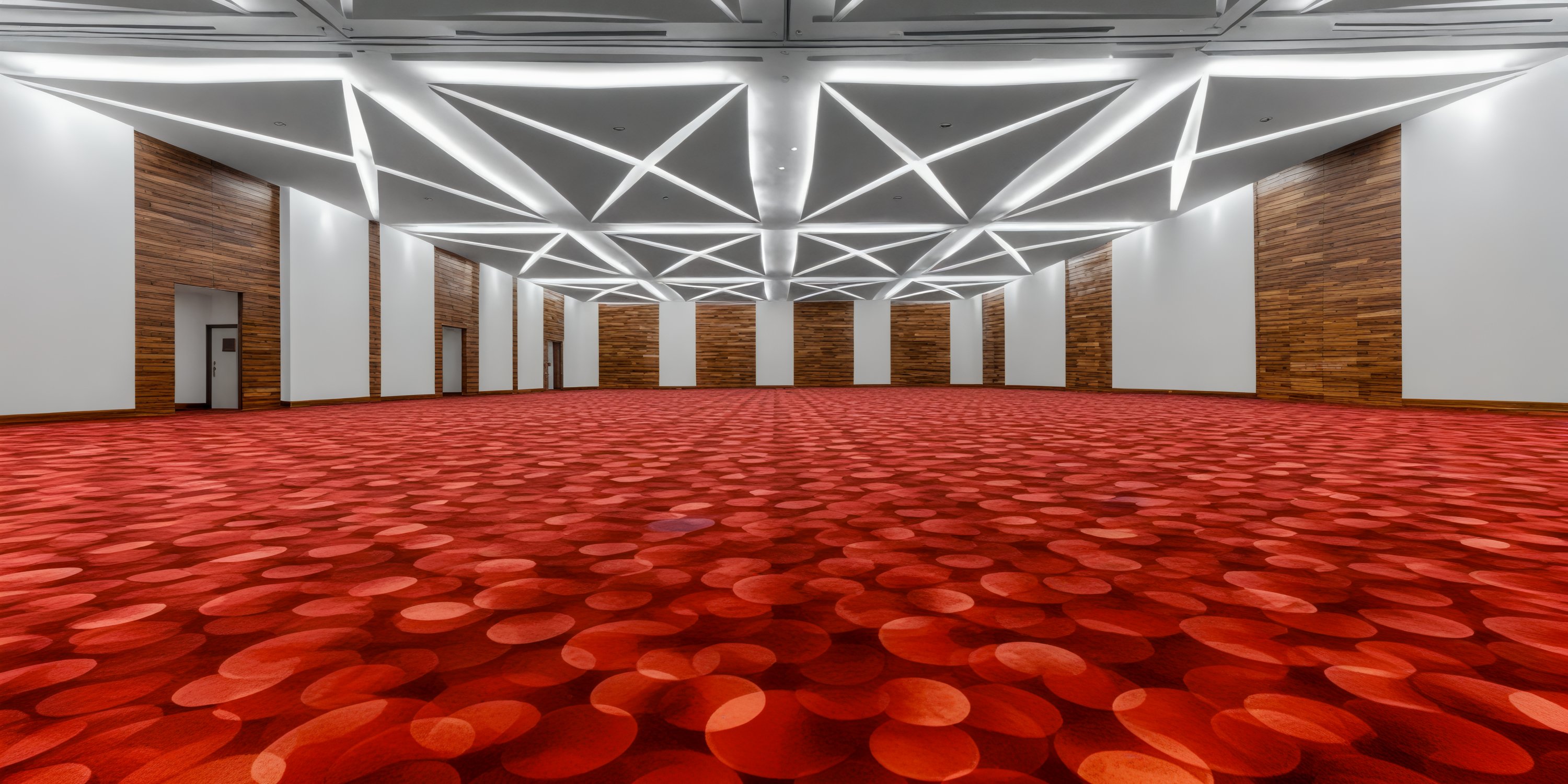 A contemporary room at the Hilton Vallarta Riviera, featuring geometric lighting and a red circular-patterned carpet, perfect for accommodating guests attending your destination wedding.