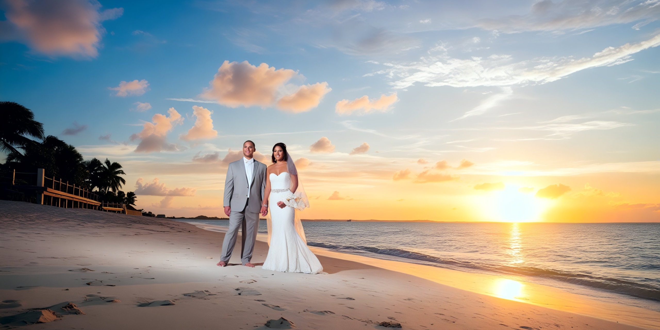 A couple in wedding attire stands on the beach at Alexandra Resort Turks and Caicos, with a clear sky and ocean backdrop at sunset.