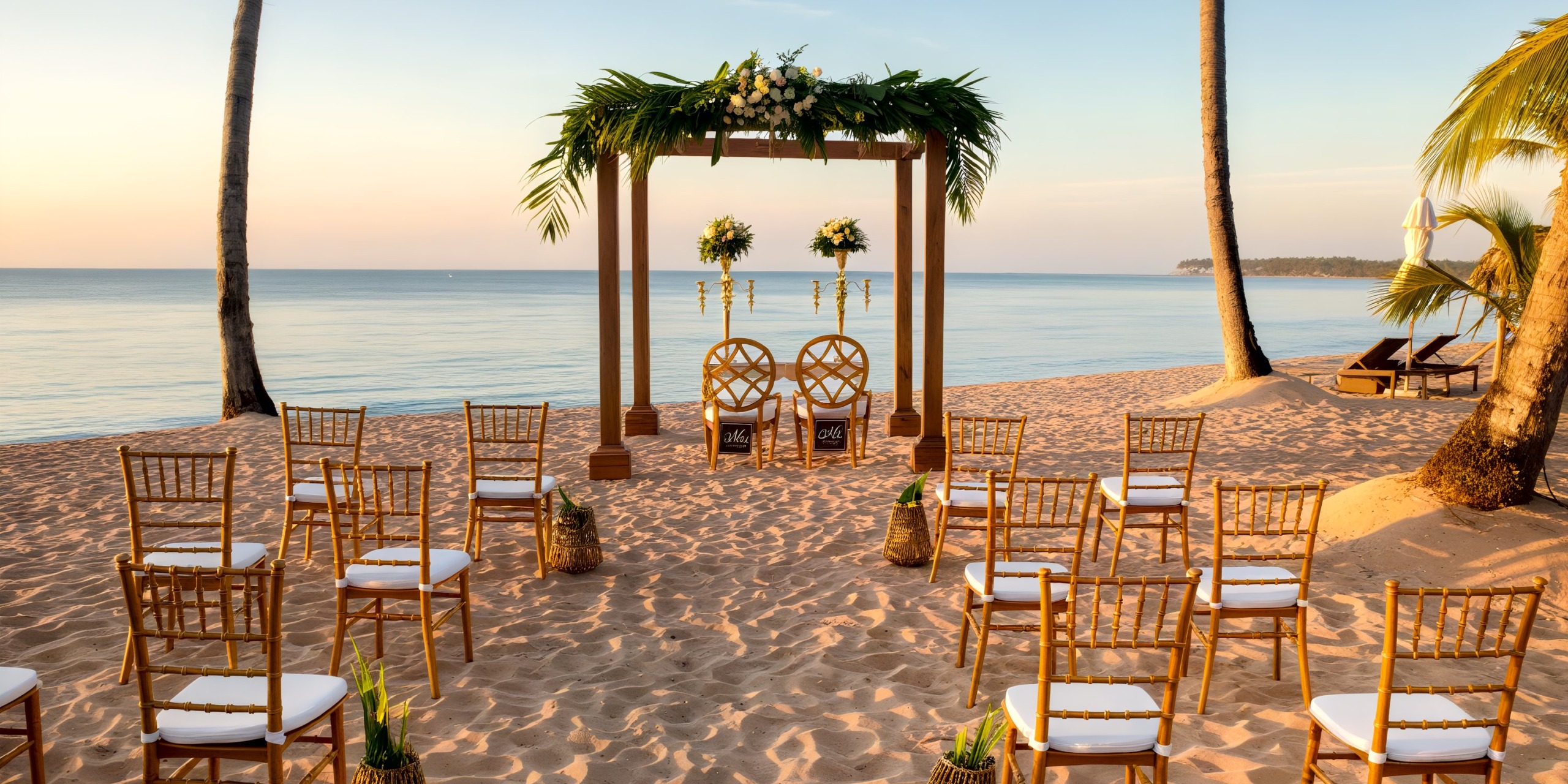 Beach wedding setup at Viva V Samana by Wyndham featuring a wooden arch adorned with greenery and flowers, two chairs beneath it, surrounded by several rows of chairs on the sand, with palm trees and ocean as a backdrop.