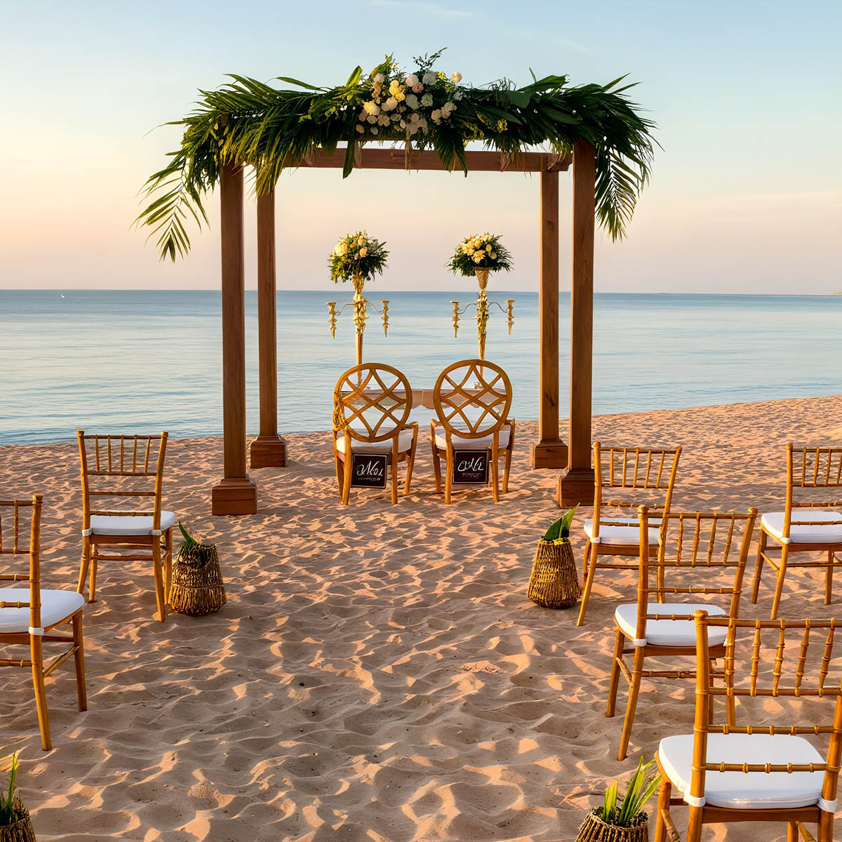 Beach wedding setup with wooden arch, floral decorations, and chairs facing the ocean at sunset.