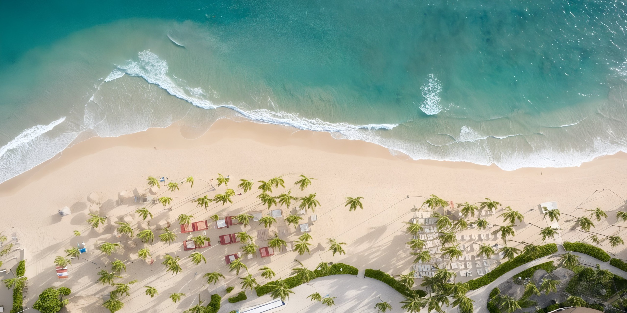 Aerial view of Wyndham Alltra Punta Cana boasting turquoise waters, white sand, palm trees, and neatly arranged beach chairs and umbrellas.