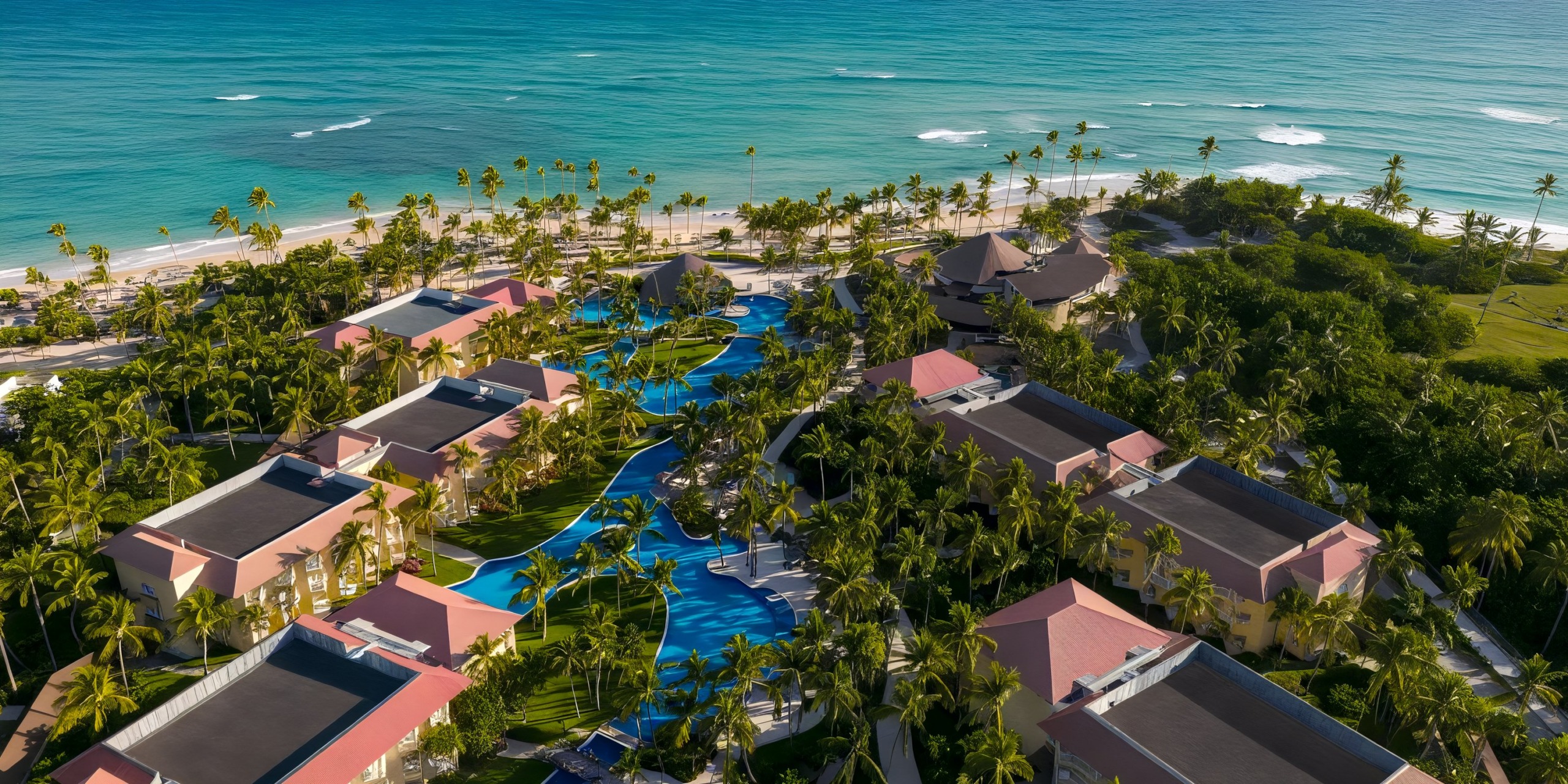 Aerial view of Wyndham Alltra Punta Cana, a tropical resort featuring a winding pool, palm trees, and buildings by a sandy beach and ocean.