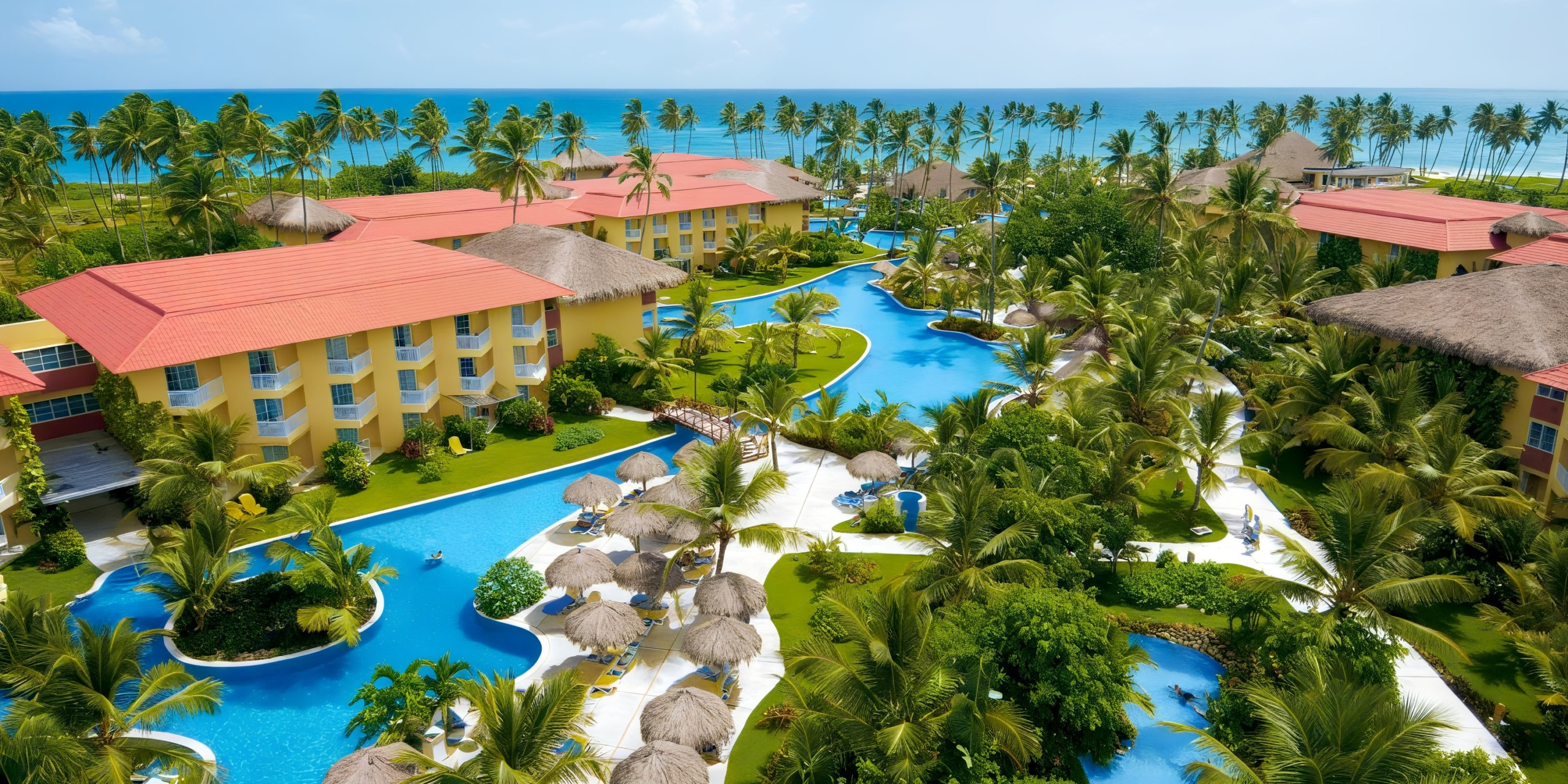 Aerial view of Wyndham Alltra Punta Cana, featuring red-roofed buildings, lush palm trees, winding pools, and thatched umbrellas by the sea.