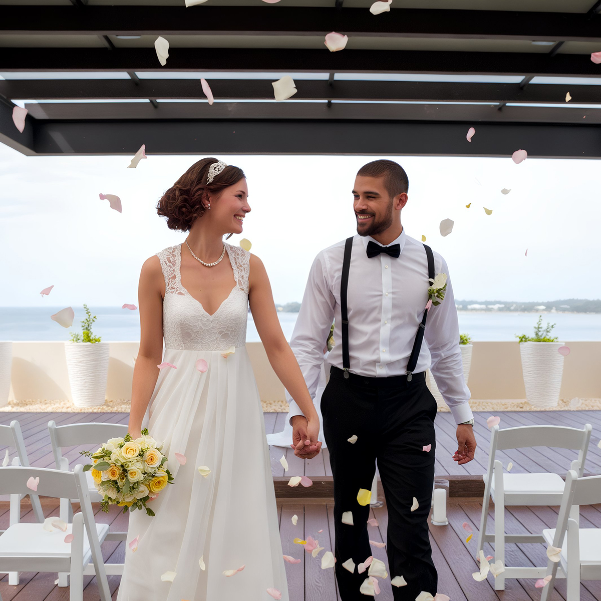 A bride and groom hold hands, smiling as they walk down an outdoor aisle adorned with scattered flower petals.