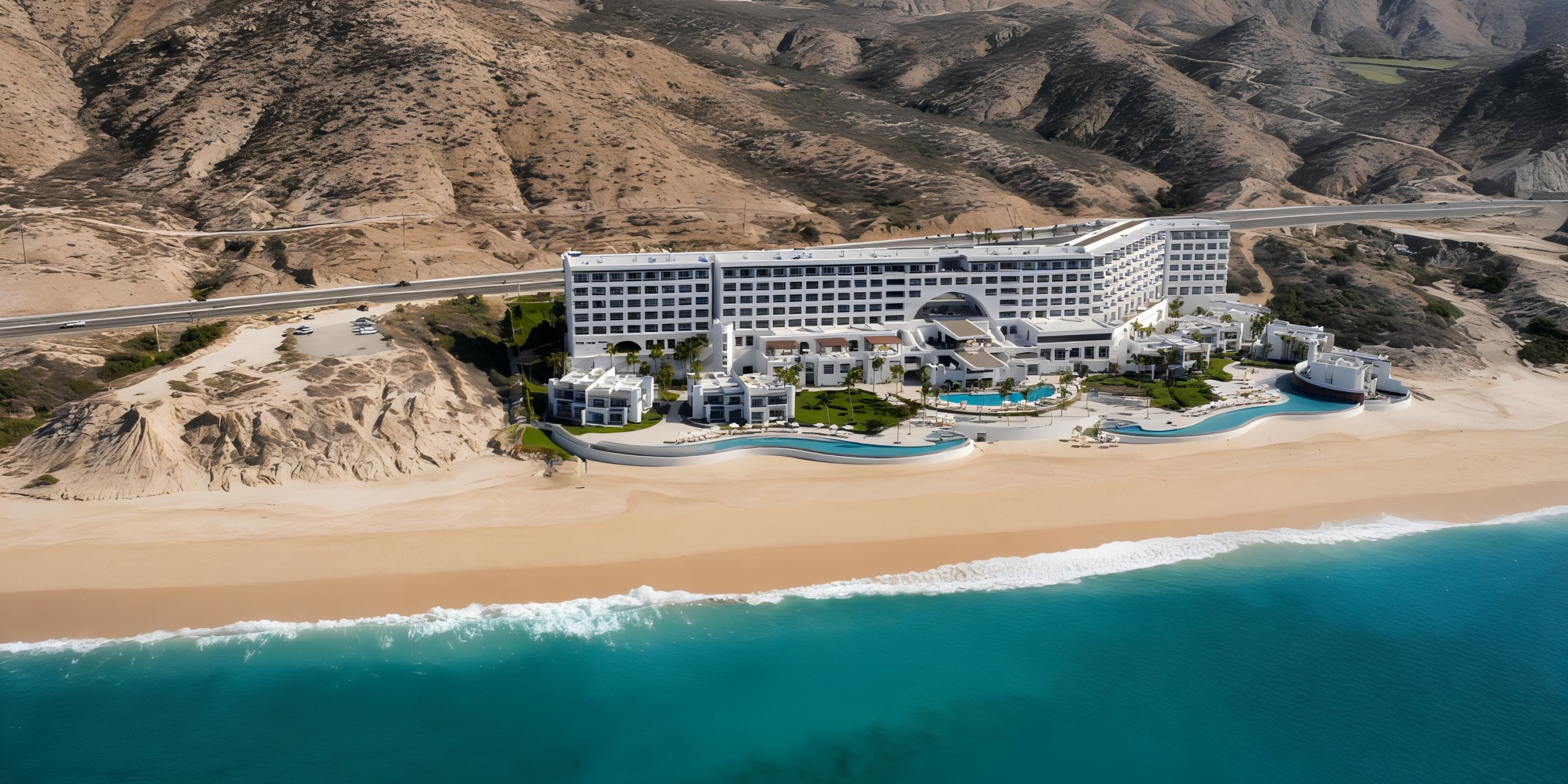 Aerial view of the Marquis Los Cabos, a large beachfront hotel with white buildings, swimming pools, and palm trees, set against arid hills and a clear turquoise ocean.