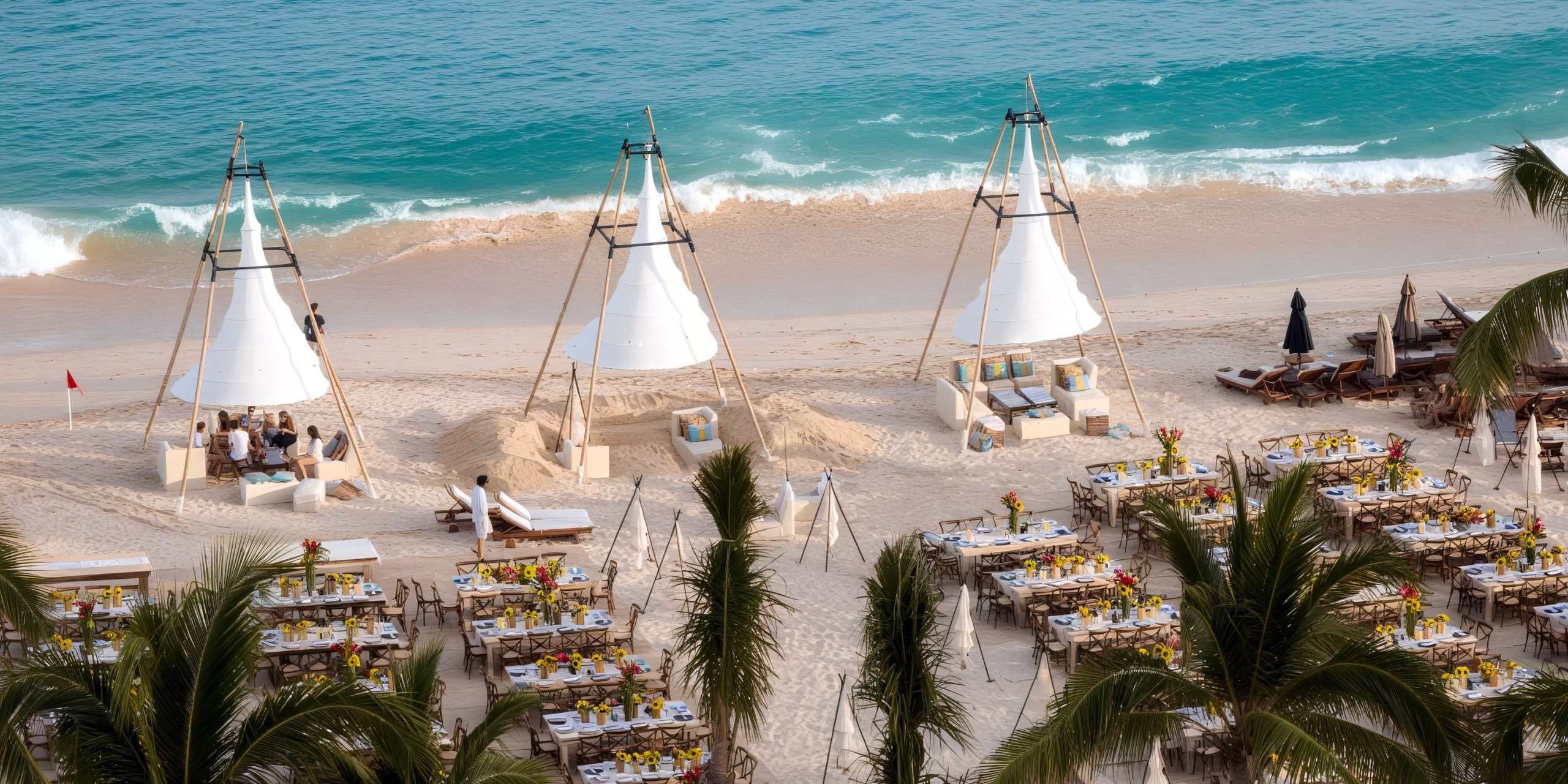 The Marquis Los Cabos setup includes three white, cone-shaped tents and vibrant tables amidst palm trees, all with ocean views.