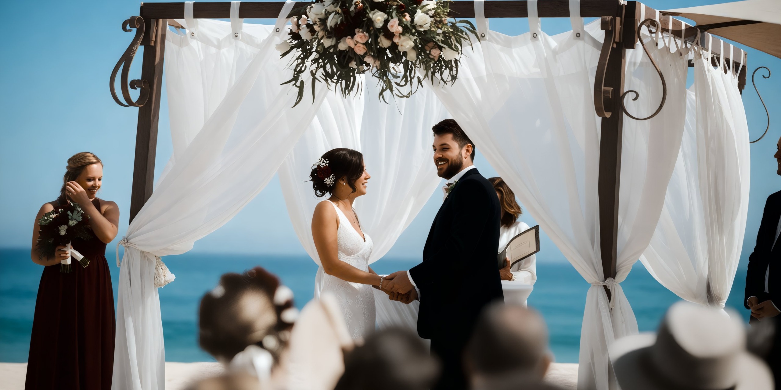 A couple exchanges vows under a floral archway at their beachside ceremony at Marquis Los Cabos. A bridesmaid in a burgundy dress holds flowers to the left, with guests watching from the foreground.