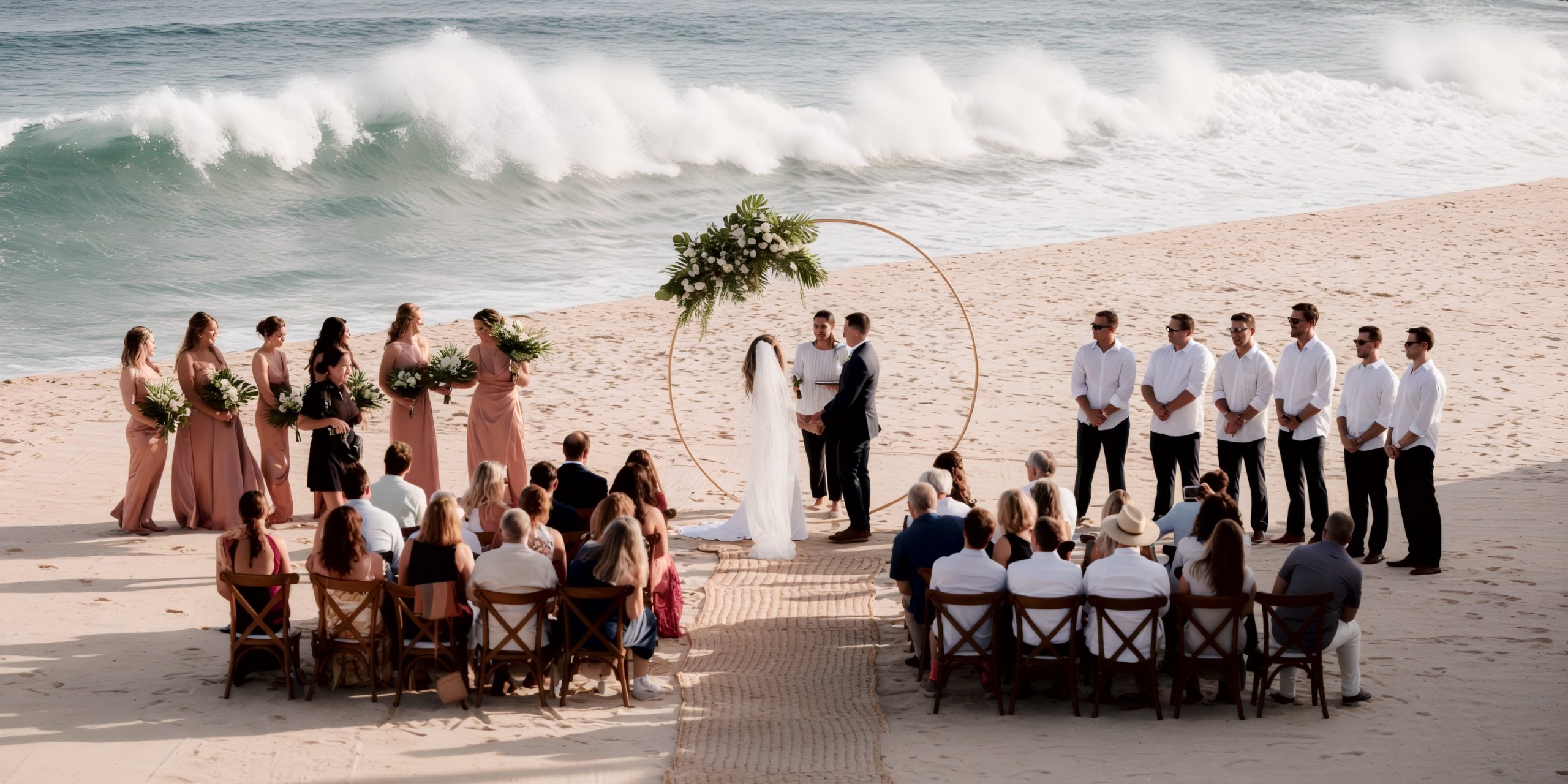 At Marquis Los Cabos, a beach wedding ceremony unfolds with a circular floral arch. The couple stands facing each other, surrounded by bridesmaids in pink dresses and groomsmen in white shirts, while guests are seated on the sand.