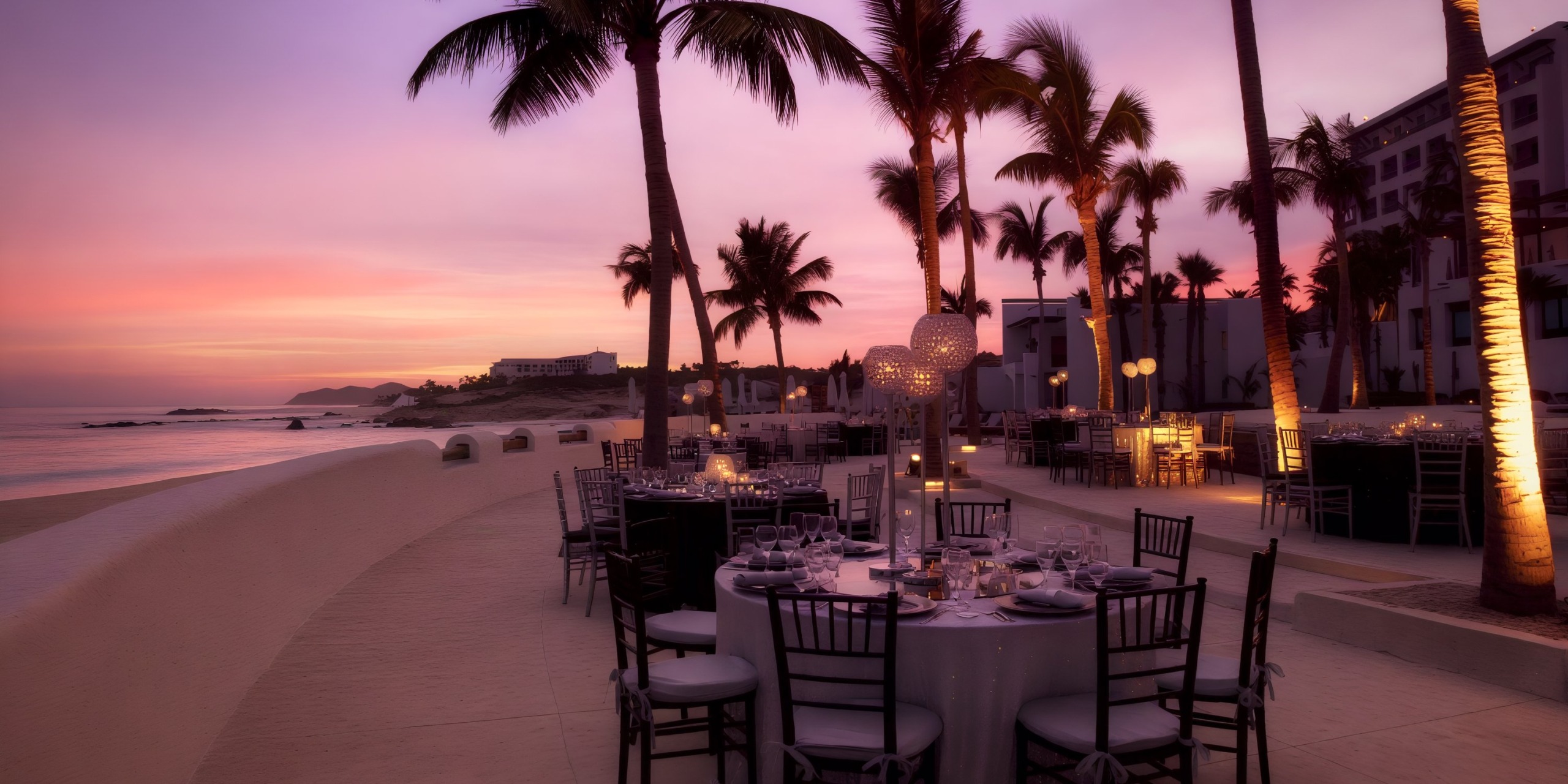 The Marquis Los Cabos offers a captivating outdoor dining experience on a beach at sunset, complete with tables and black chairs adorned by string lights, all nestled among swaying palm trees.