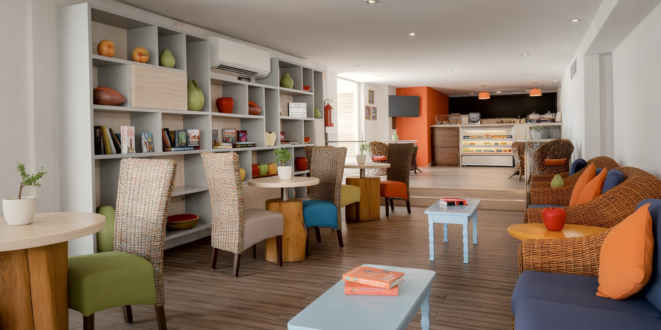 A cozy Marquis Los Cabos cafe interior features wicker chairs, colorful cushions, small tables, and bookshelves. In the background, a counter showcases pastries and a coffee machine.